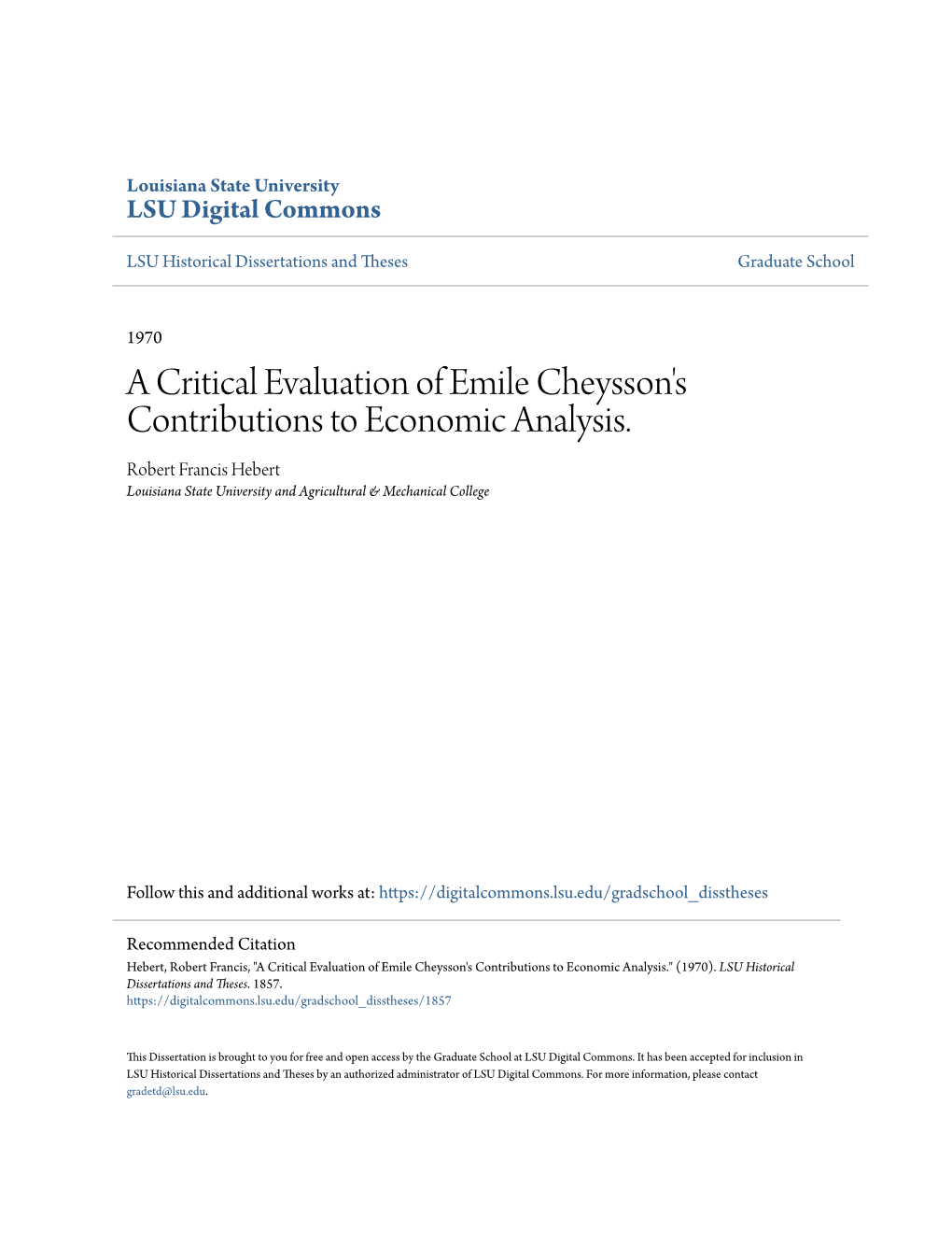 A Critical Evaluation of Emile Cheysson's Contributions to Economic Analysis