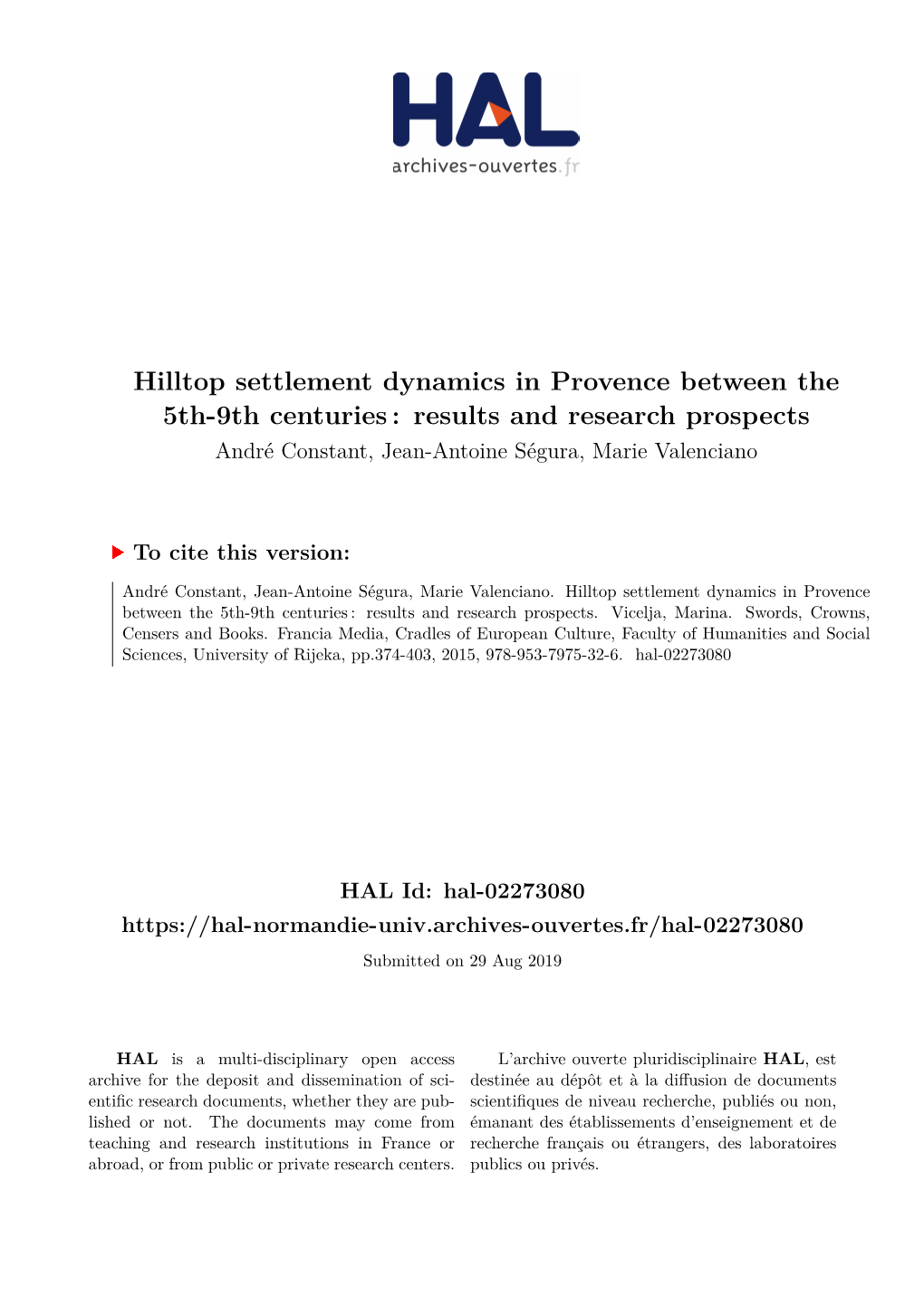 Hilltop Settlement Dynamics in Provence Between the 5Th-9Th Centuries: Results and Research Prospects