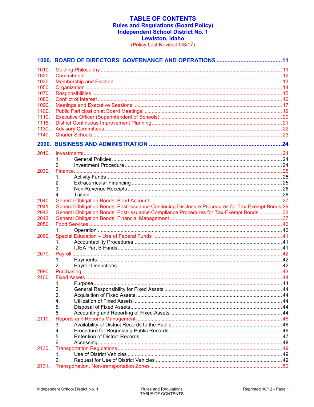 TABLE of CONTENTS Rules and Regulations (Board Policy) Independent School District No