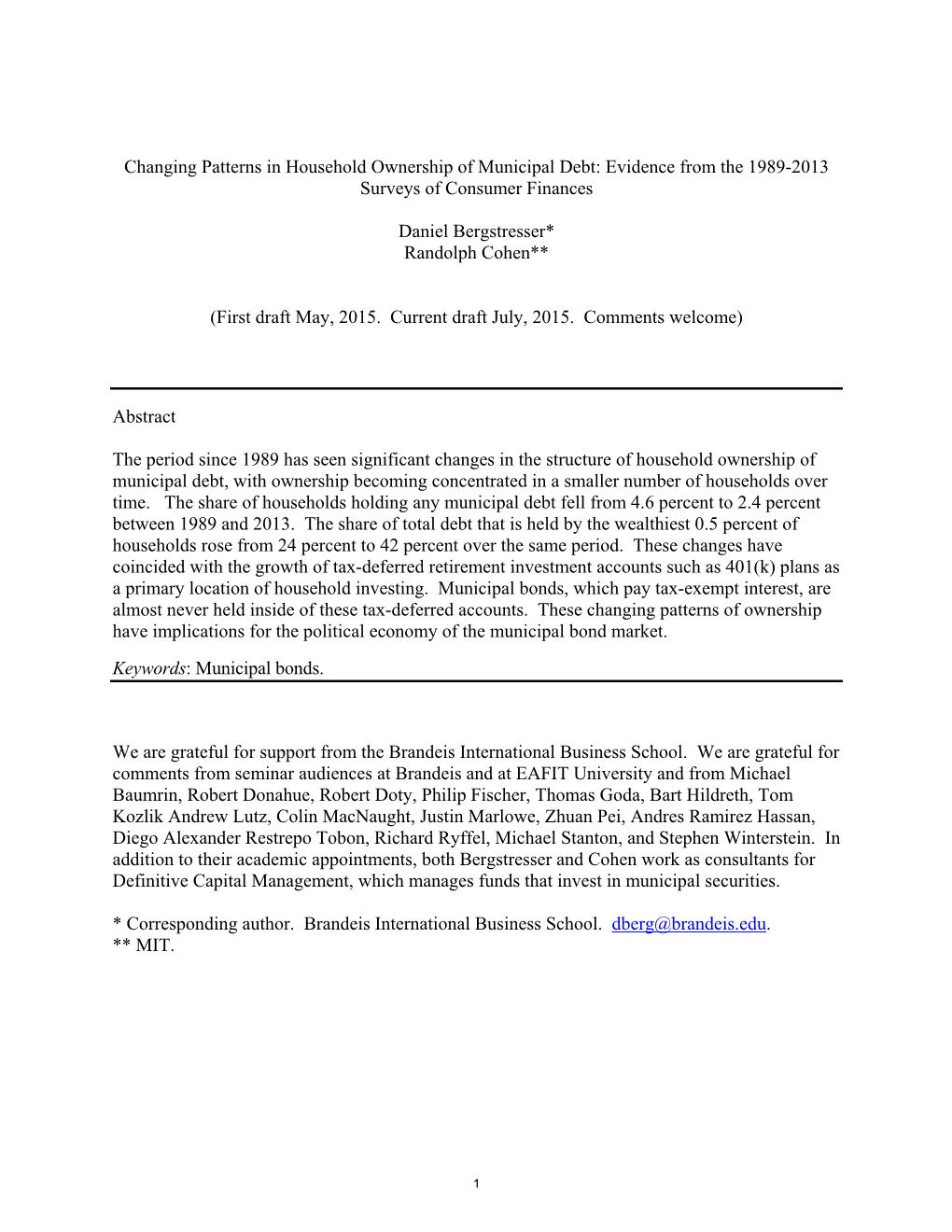 Changing Patterns in Household Ownership of Municipal Debt: Evidence from the 1989-2013 Surveys of Consumer Finances