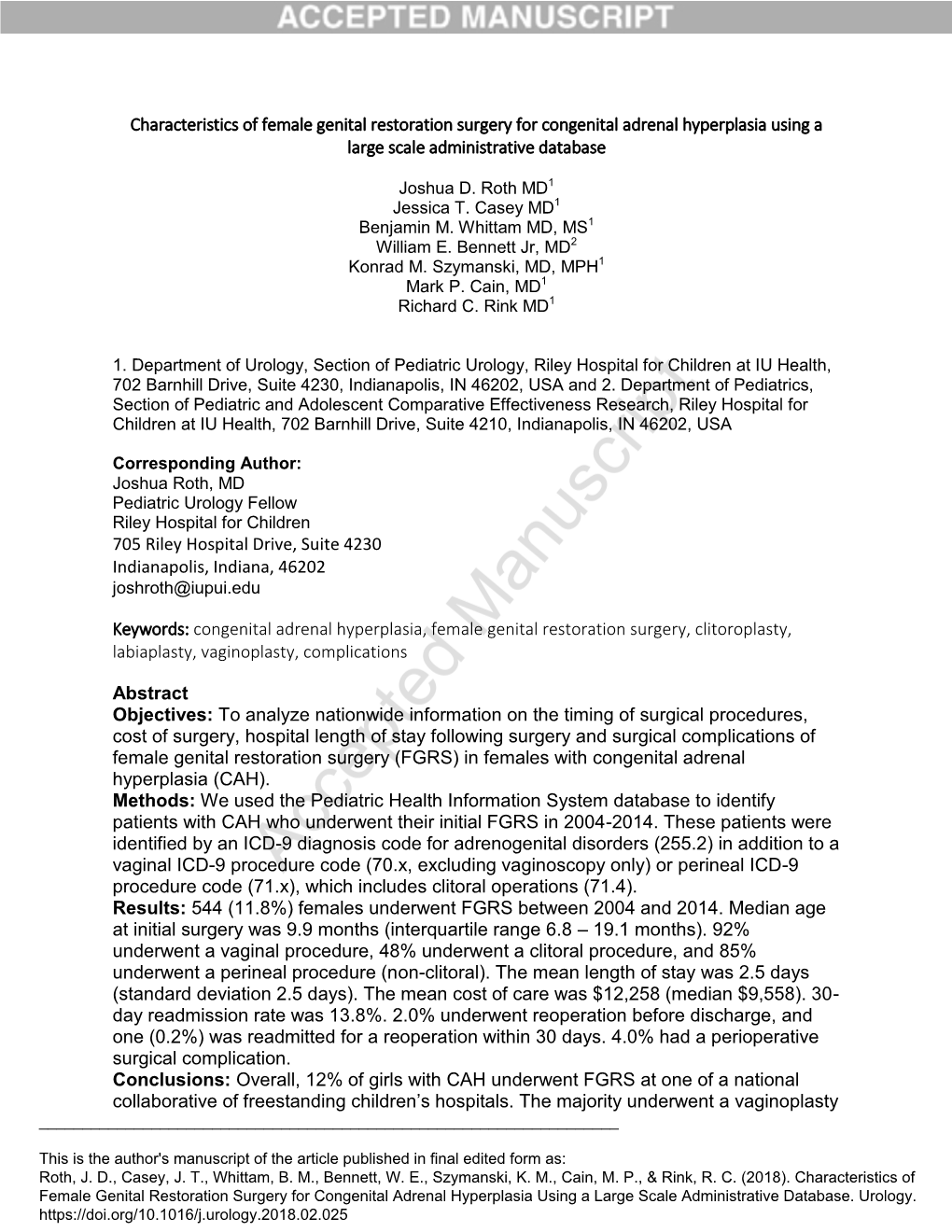 Characteristics of Female Genital Restoration Surgery for Congenital Adrenal Hyperplasia Using a Large Scale Administrative Database