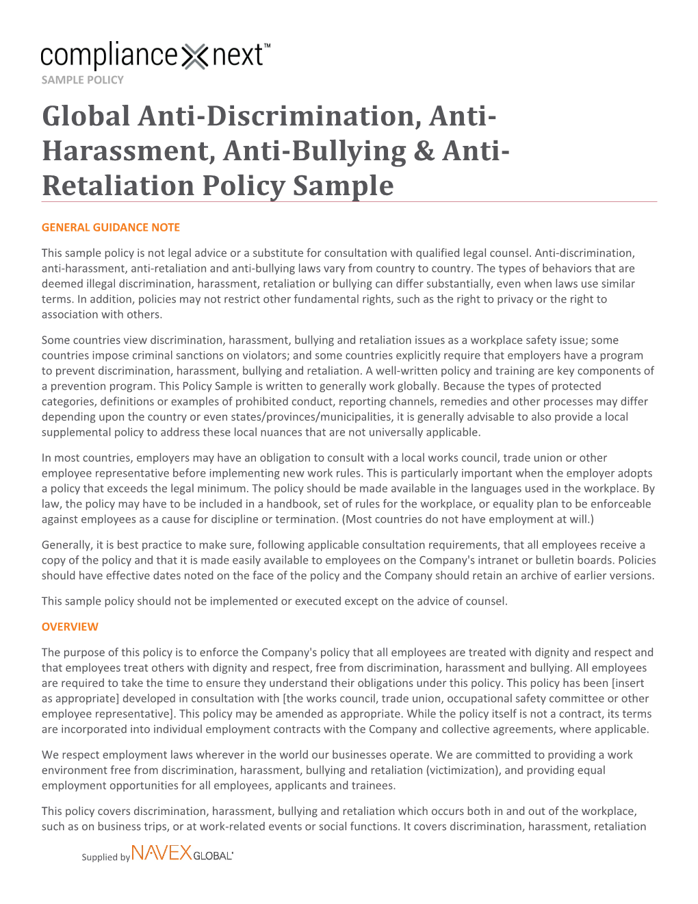 Global Anti-Discrimination, Anti-Harassment, Anti-Bullying & Anti-Retaliation Policy Sample