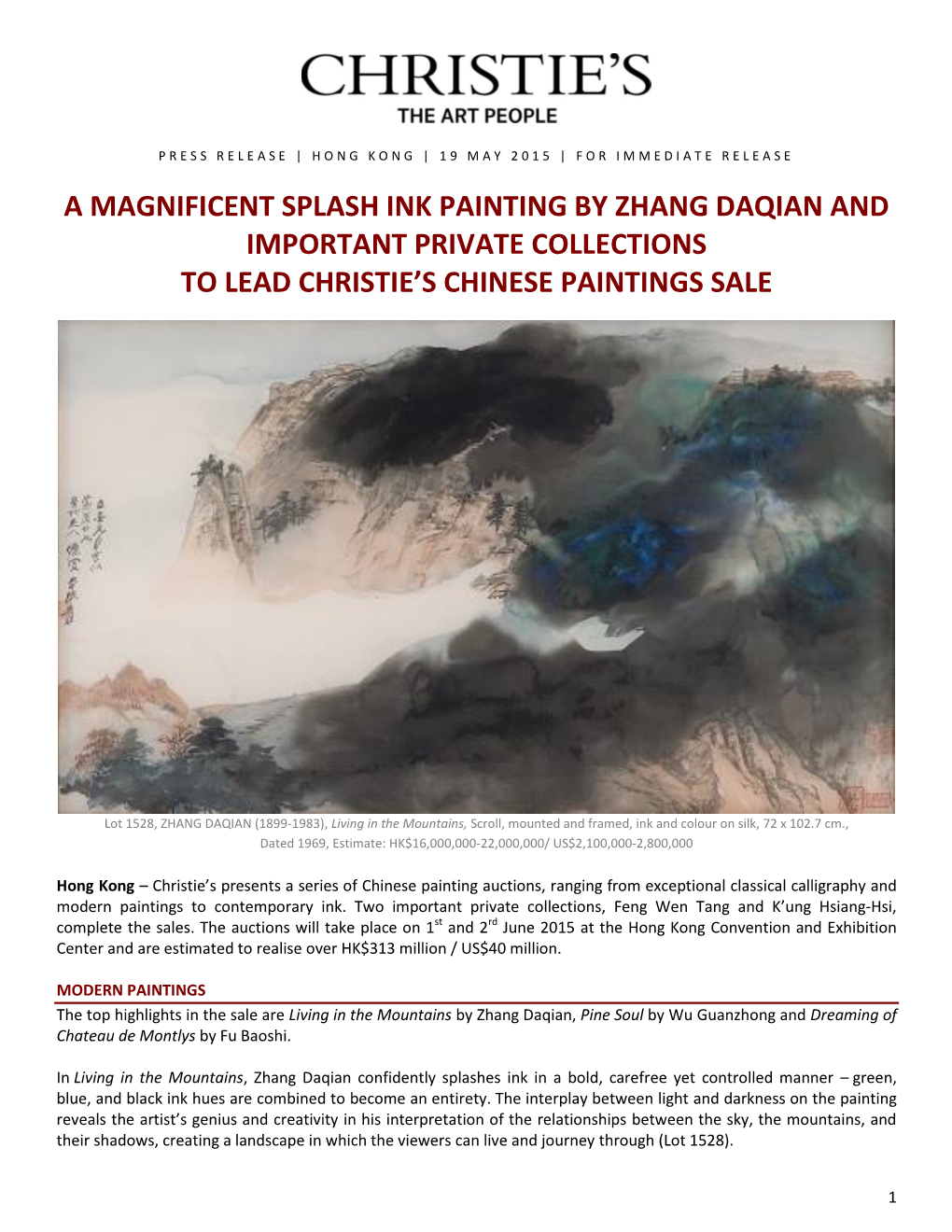 A Magnificent Splash Ink Painting by Zhang Daqian and Important Private Collections to Lead Christie’S Chinese Paintings Sale