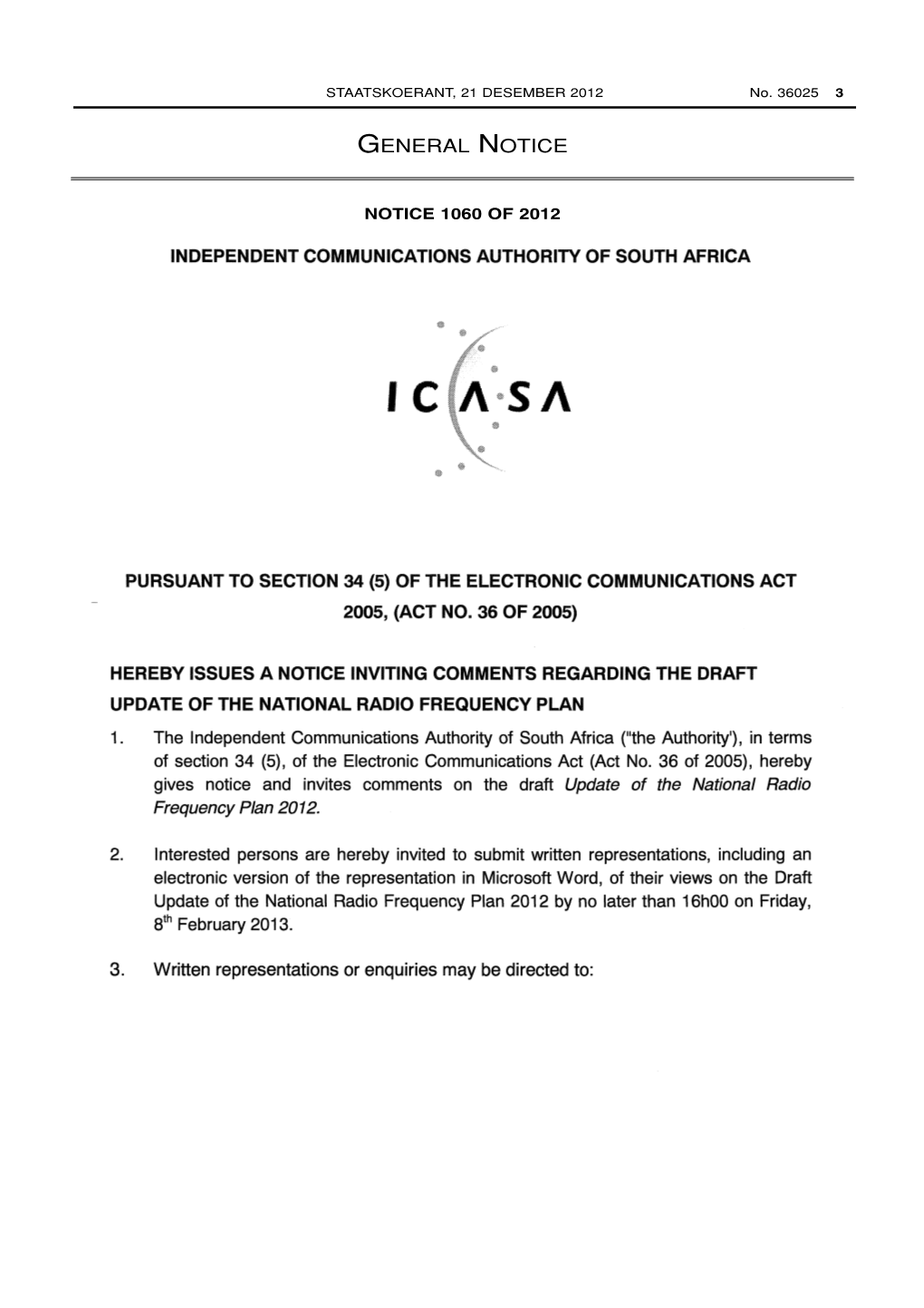 Electronic Communications Act: National Radio Frequency Plan: Draft