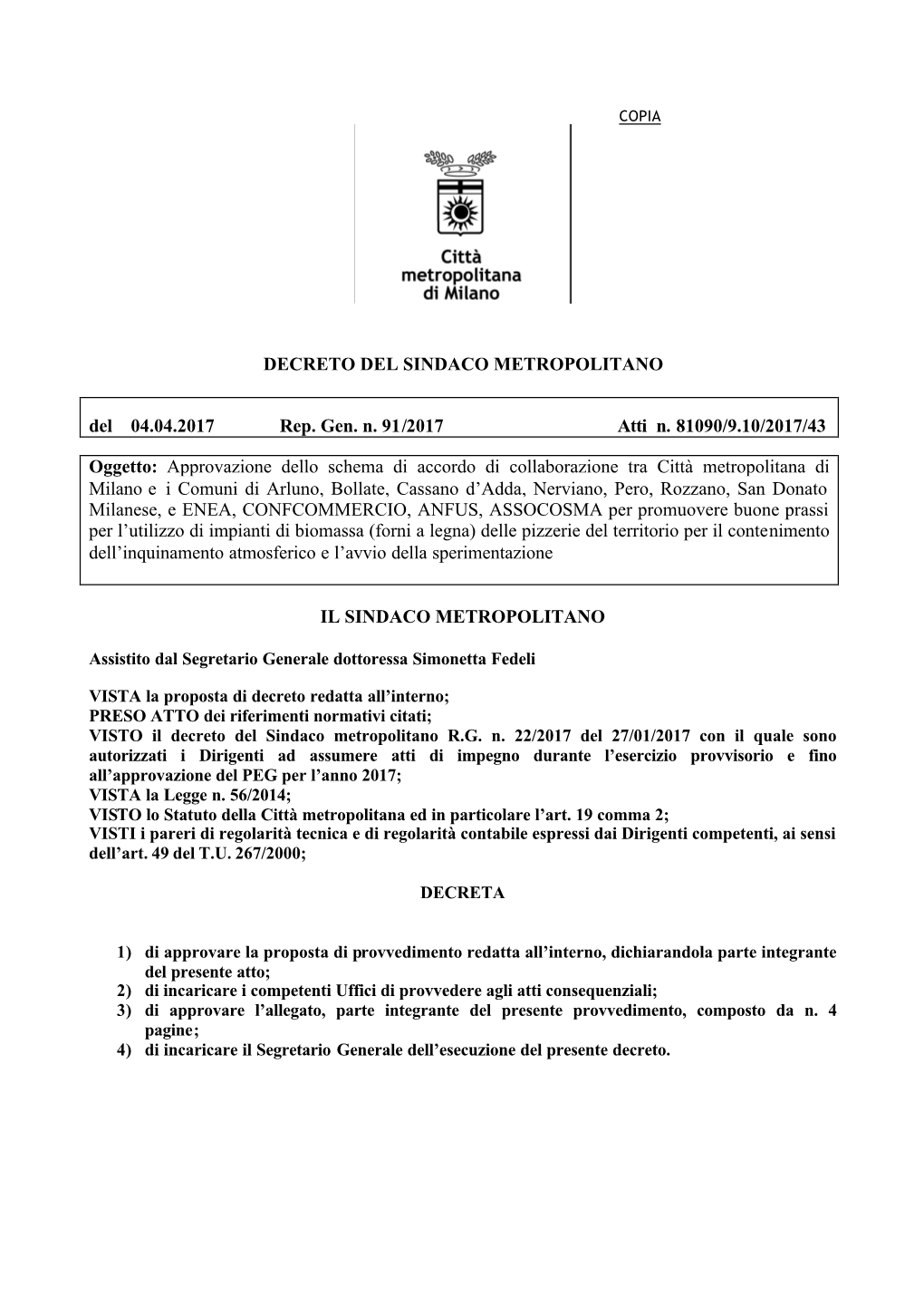 Decreto Del Sindaco N. 91/2017