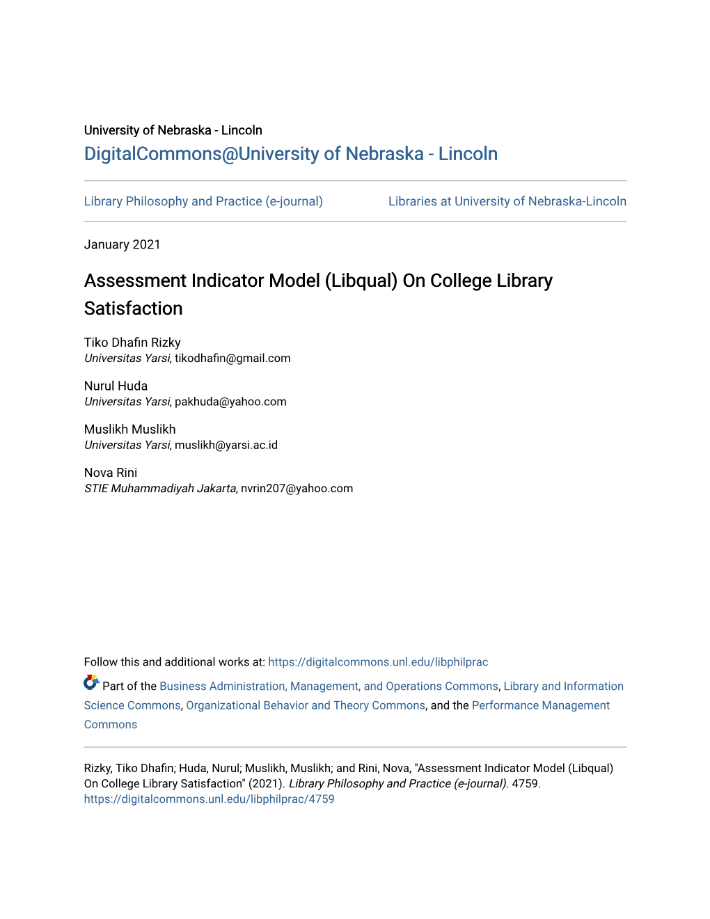 Libqual) on College Library Satisfaction