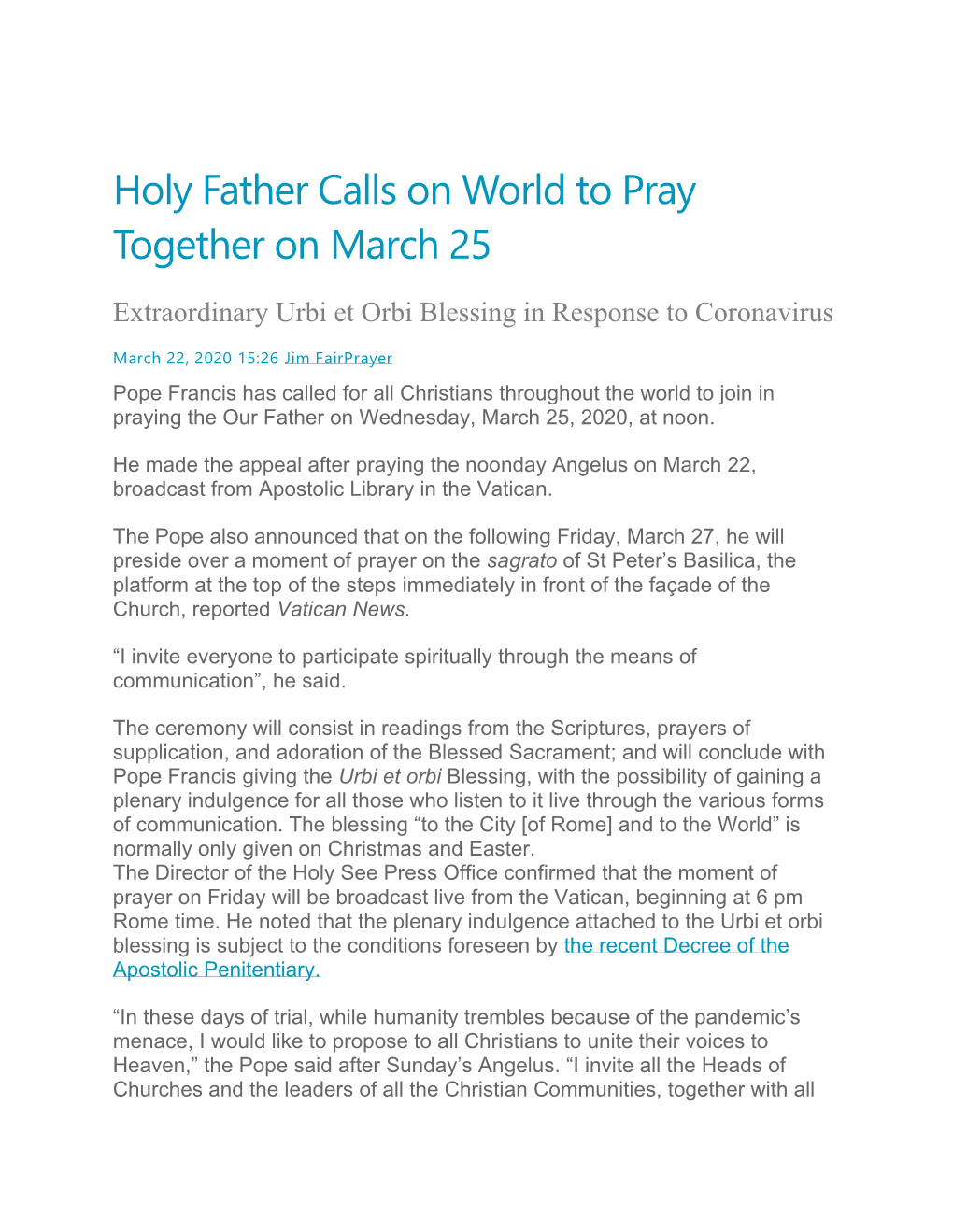 Holy Father Calls on World to Pray Together on March 25