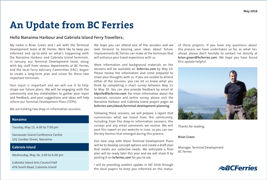 An Update from BC Ferries, Nanaimo Harbour & Gabriola Island Terminal