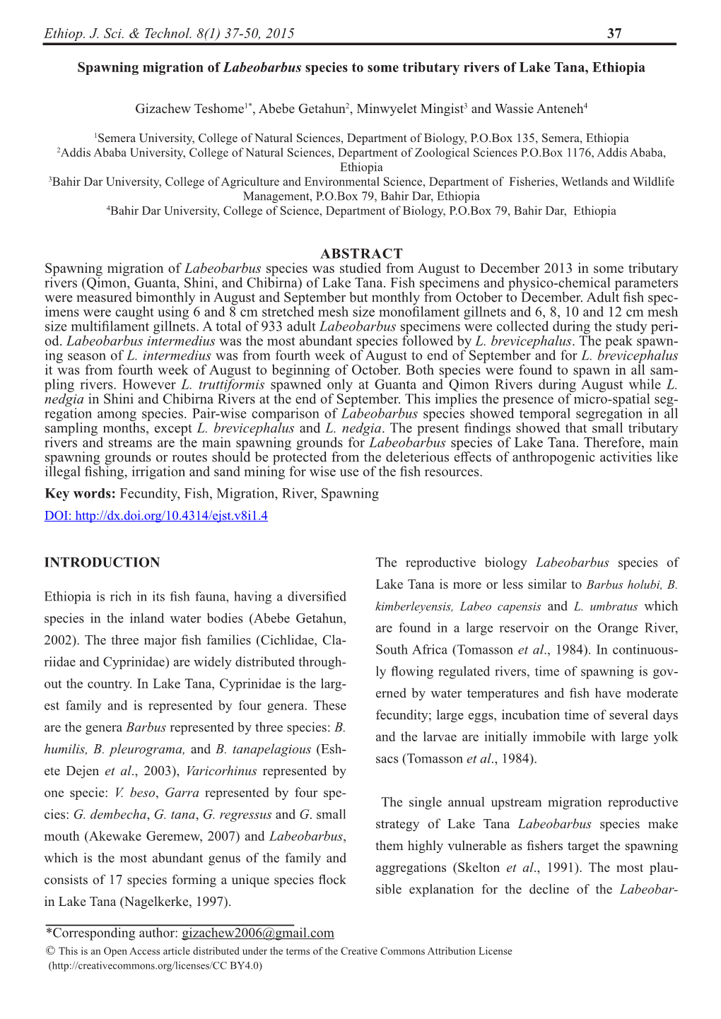 37-50, 2015 37 Spawning Migration of Labeobarbus Species to Some