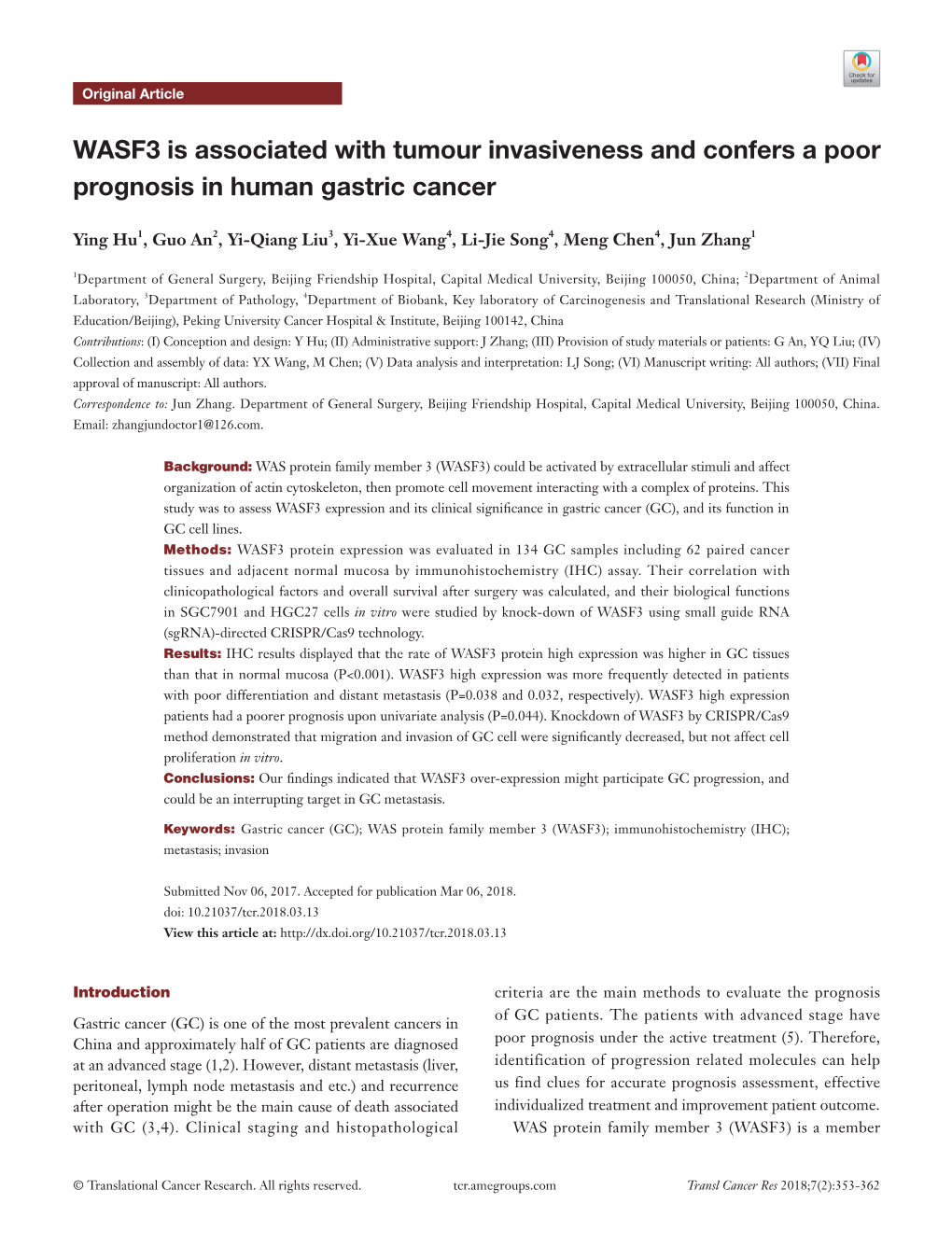 WASF3 Is Associated with Tumour Invasiveness and Confers a Poor Prognosis in Human Gastric Cancer