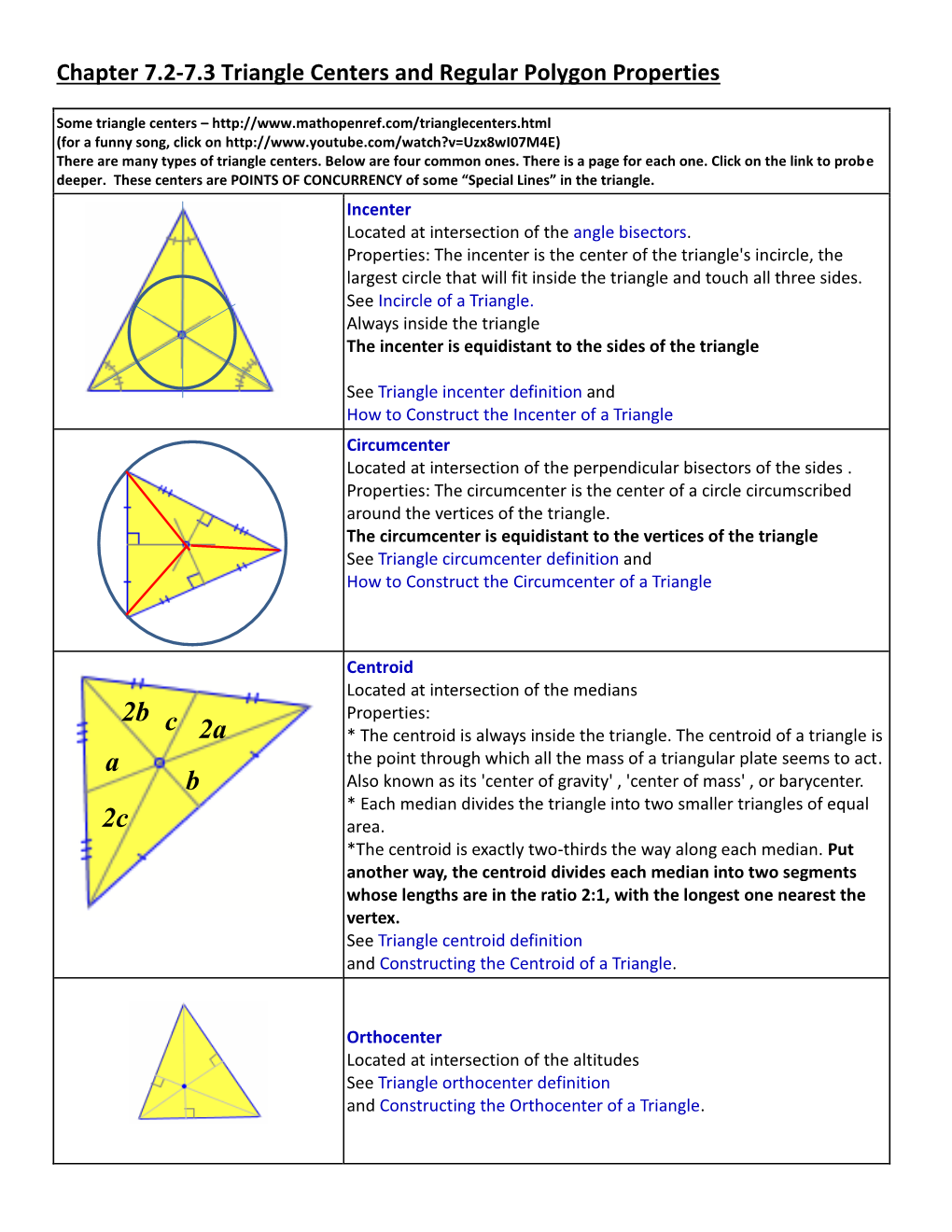 Chapter 7.2-7.3 Triangle Centers and Regular Polygon Properties