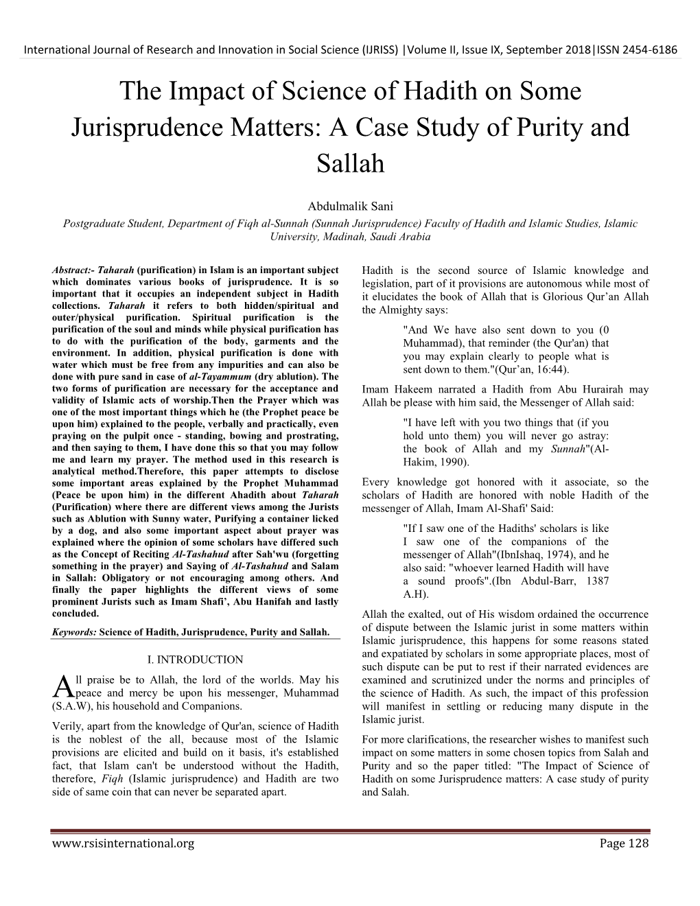 The Impact of Science of Hadith on Some Jurisprudence Matters: a Case Study of Purity and Sallah