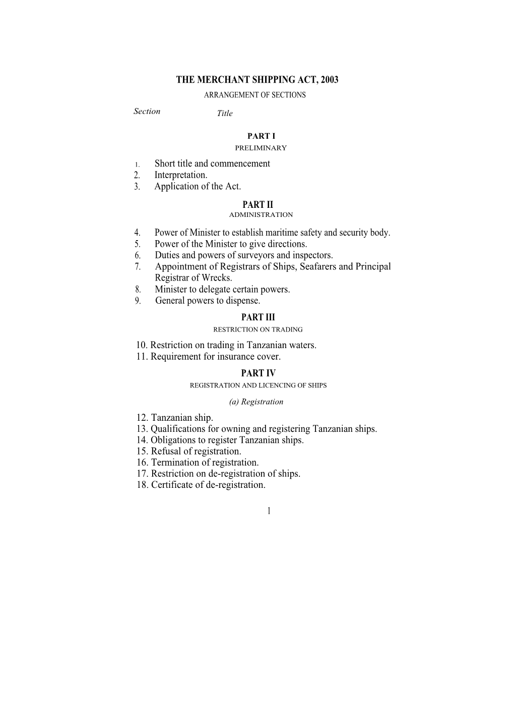 The Merchant Shipping Act, 2003 Arrangement of Sections