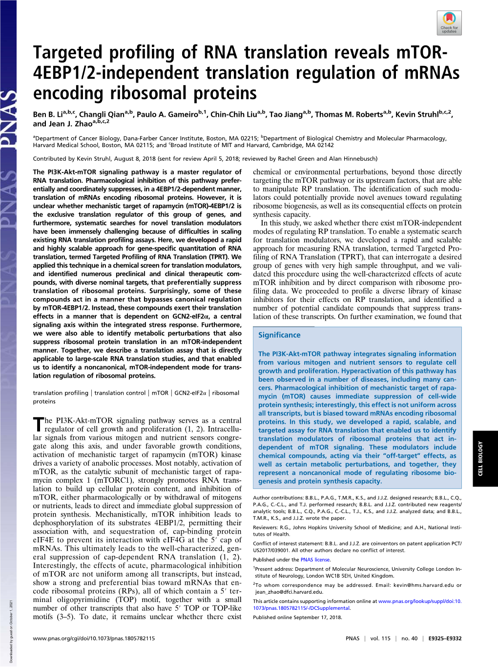 Targeted Profiling of RNA Translation Reveals Mtor-4EBP1/2