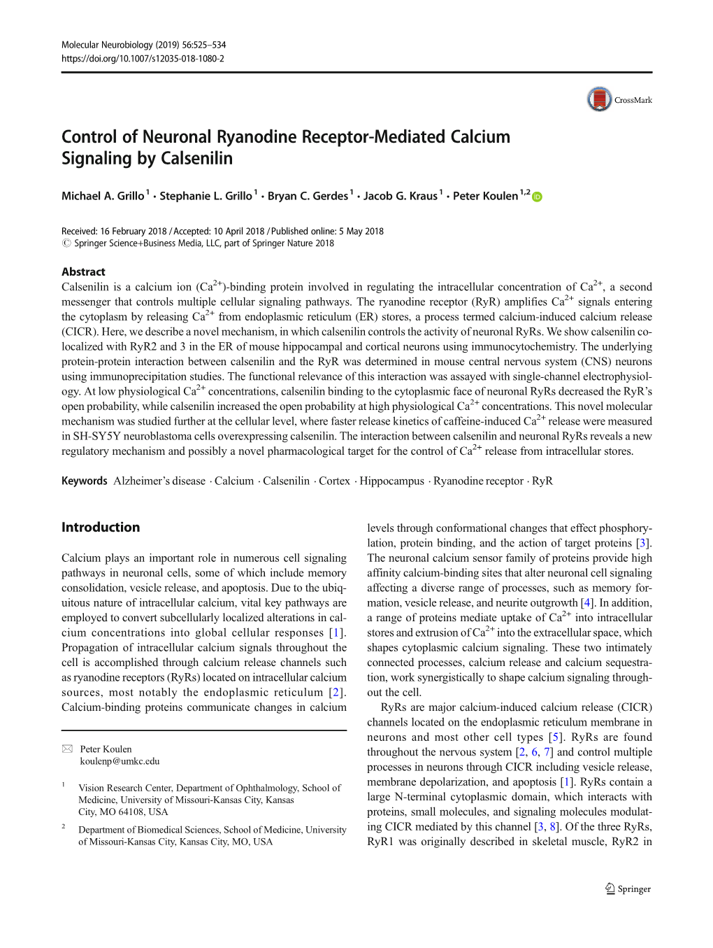 Control of Neuronal Ryanodine Receptor-Mediated Calcium Signaling by Calsenilin