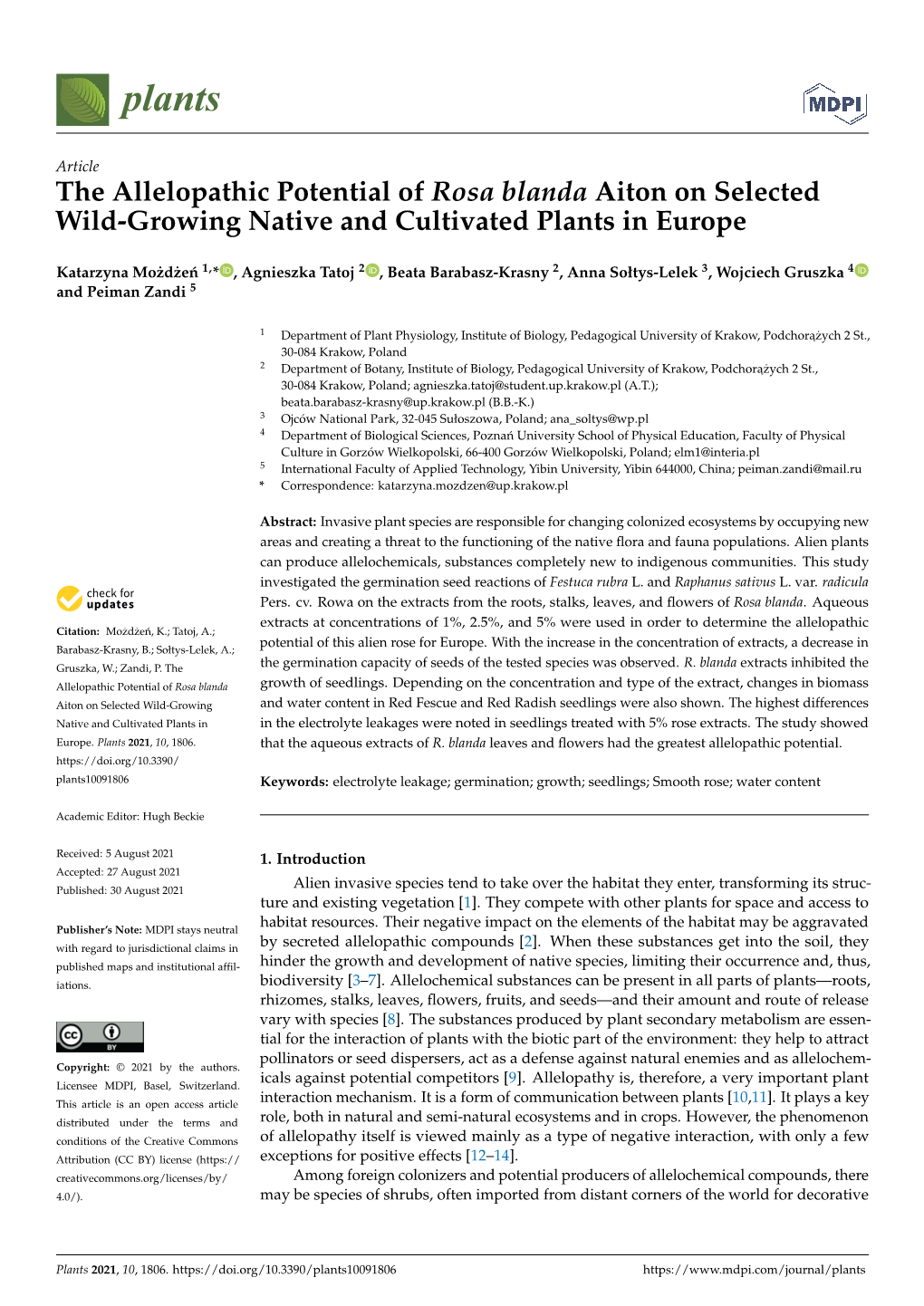 The Allelopathic Potential of Rosa Blanda Aiton on Selected Wild-Growing Native and Cultivated Plants in Europe