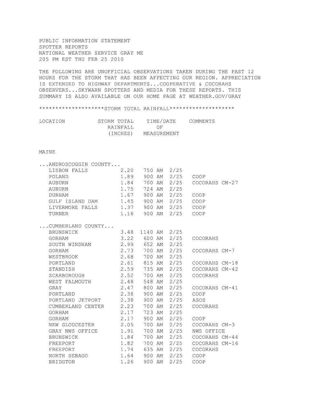 Public Information Statement Spotter Reports National Weather Service Gray Me 205 Pm Est Thu Feb 25 2010