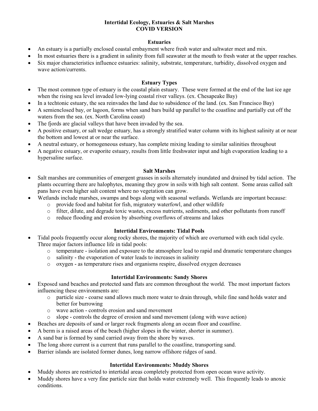Intertidal Ecology, Estuaries & Salt Marshes COVID VERSION