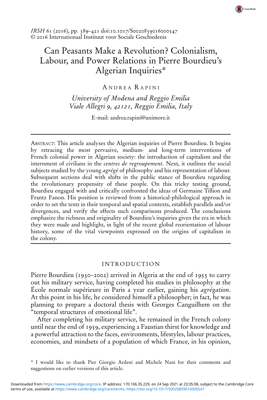 Can Peasants Make a Revolution? Colonialism, Labour, and Power Relations in Pierre Bourdieu’S Algerian Inquiries*