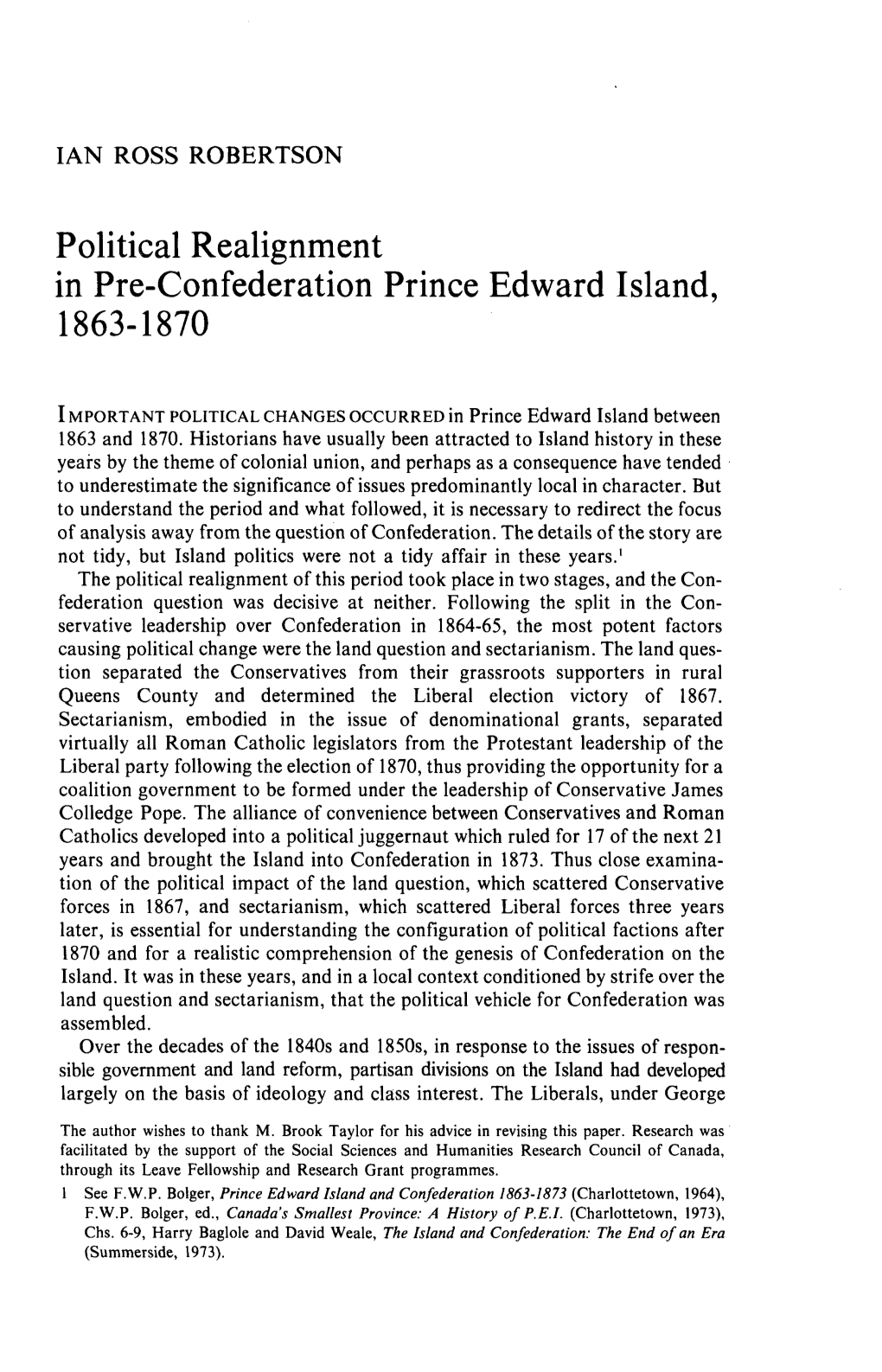 Political Realignment in Pre-Confederation Prince Edward Island, 1863-1870