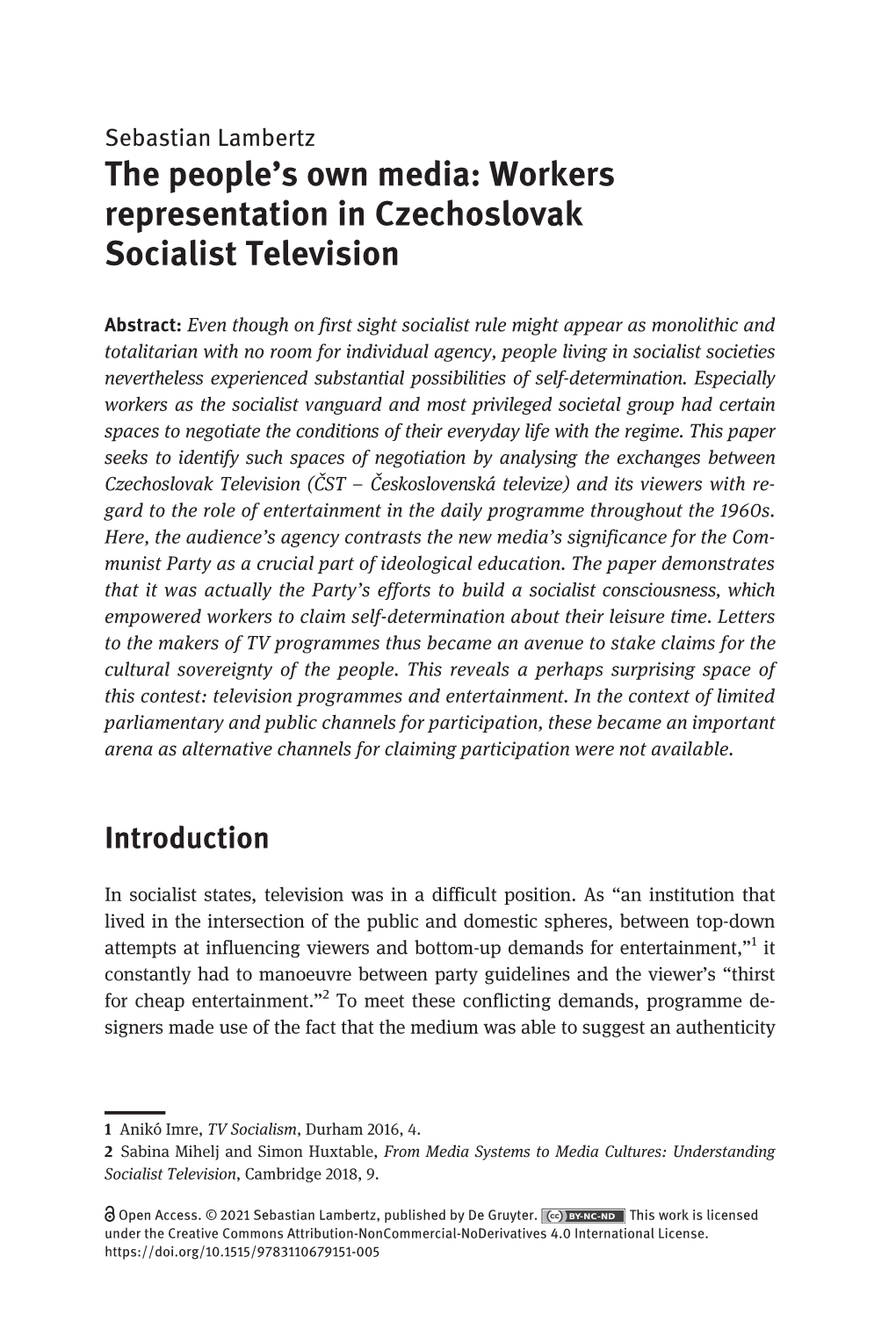 Workers Representation in Czechoslovak Socialist Television