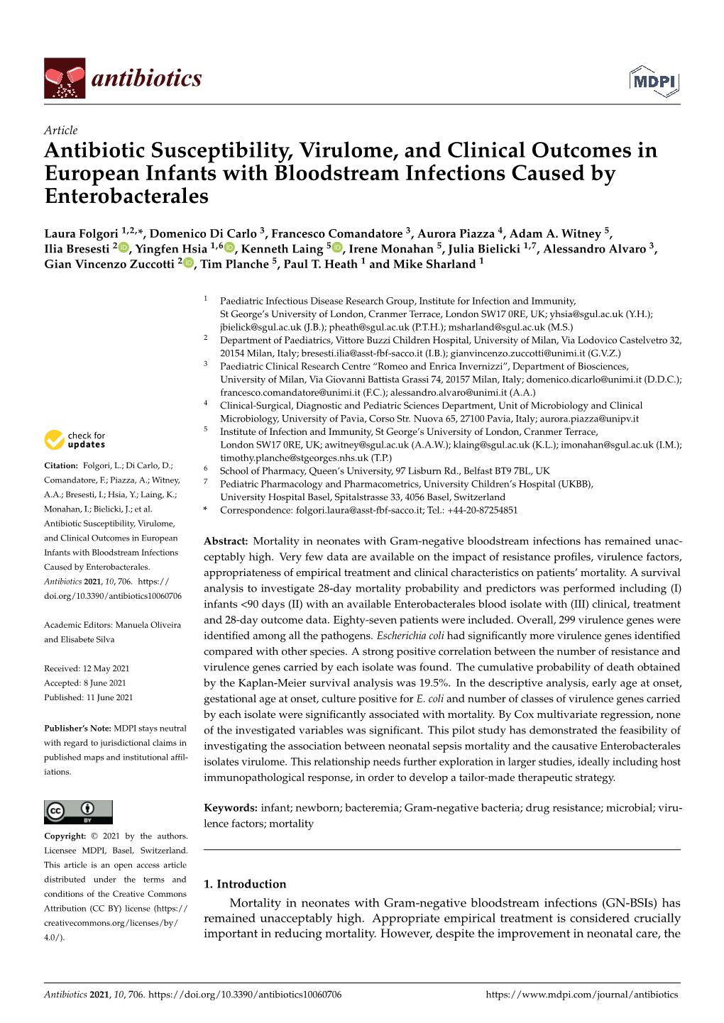 Antibiotic Susceptibility, Virulome, and Clinical Outcomes in European Infants with Bloodstream Infections Caused by Enterobacterales