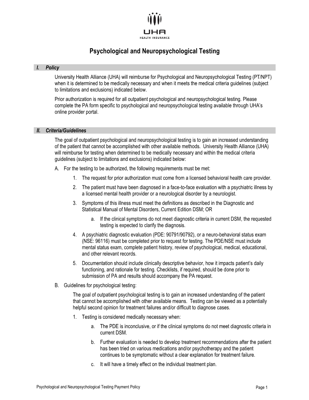 Psychological and Neuropsychological Testing