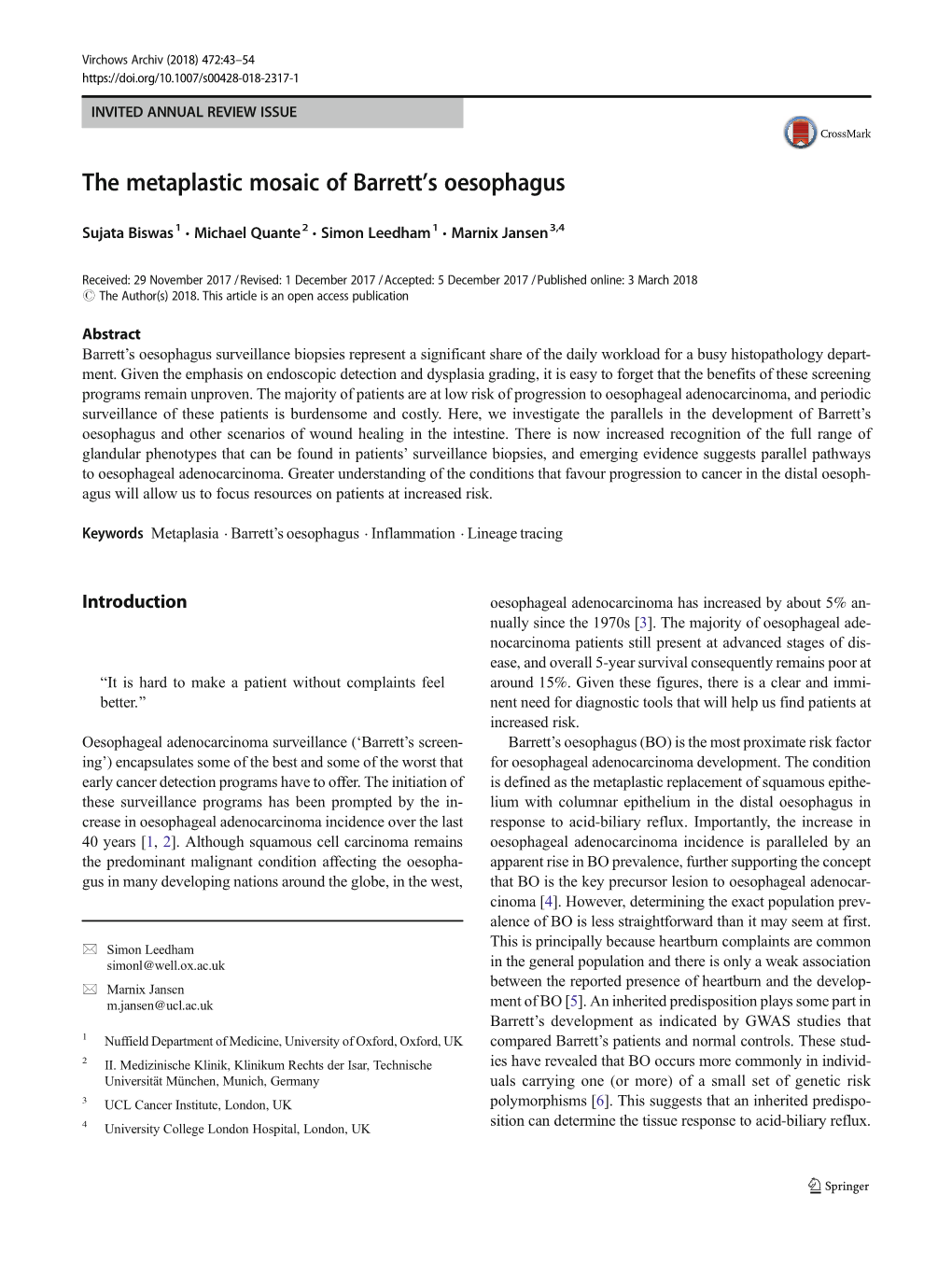 The Metaplastic Mosaic of Barrett's Oesophagus