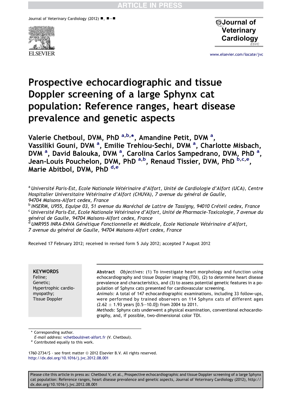 Prospective Echocardiographic and Tissue Doppler Screening of a Large Sphynx Cat Population: Reference Ranges, Heart Disease Prevalence and Genetic Aspects