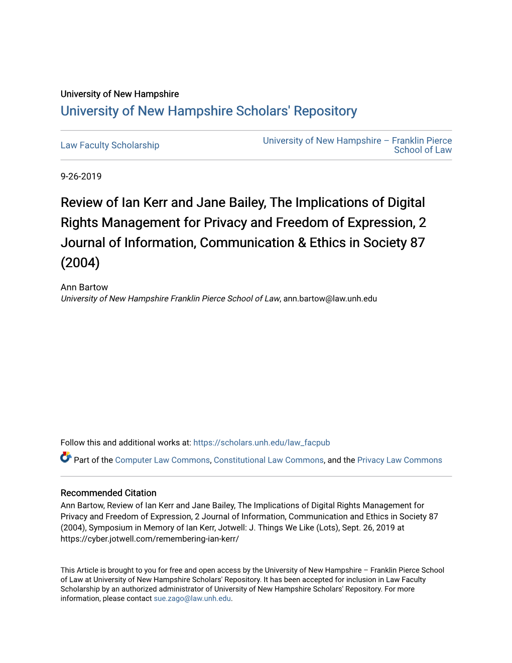 Review of Ian Kerr and Jane Bailey, the Implications of Digital Rights