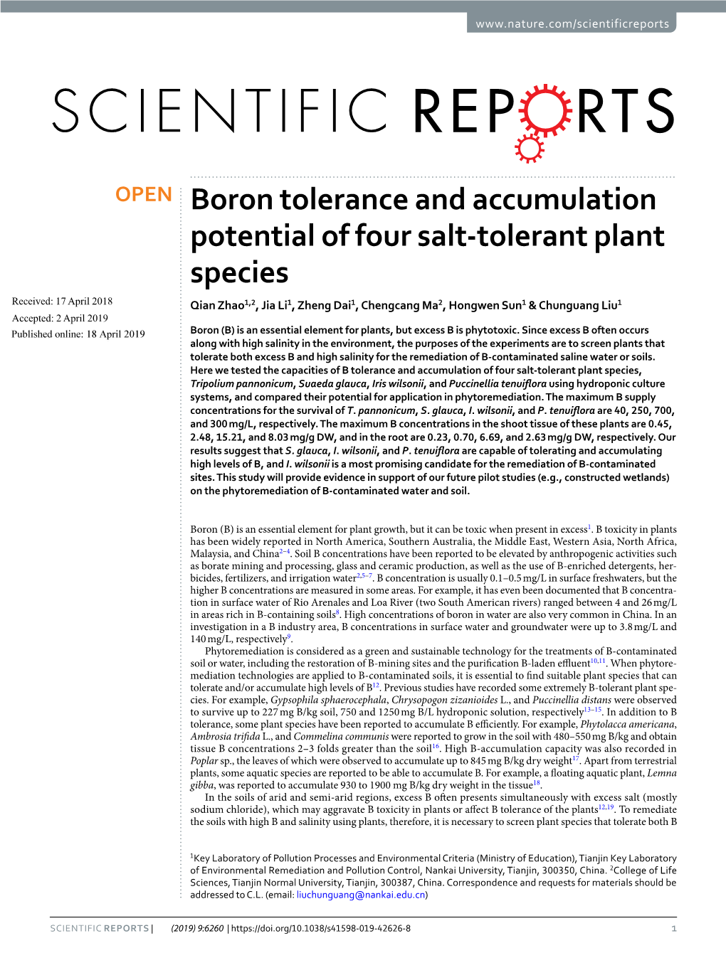 Boron Tolerance and Accumulation Potential of Four Salt-Tolerant Plant Species