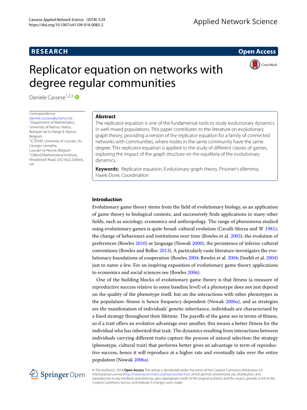 Replicator Equation on Networks with Degree Regular Communities Daniele Cassese1,2,3
