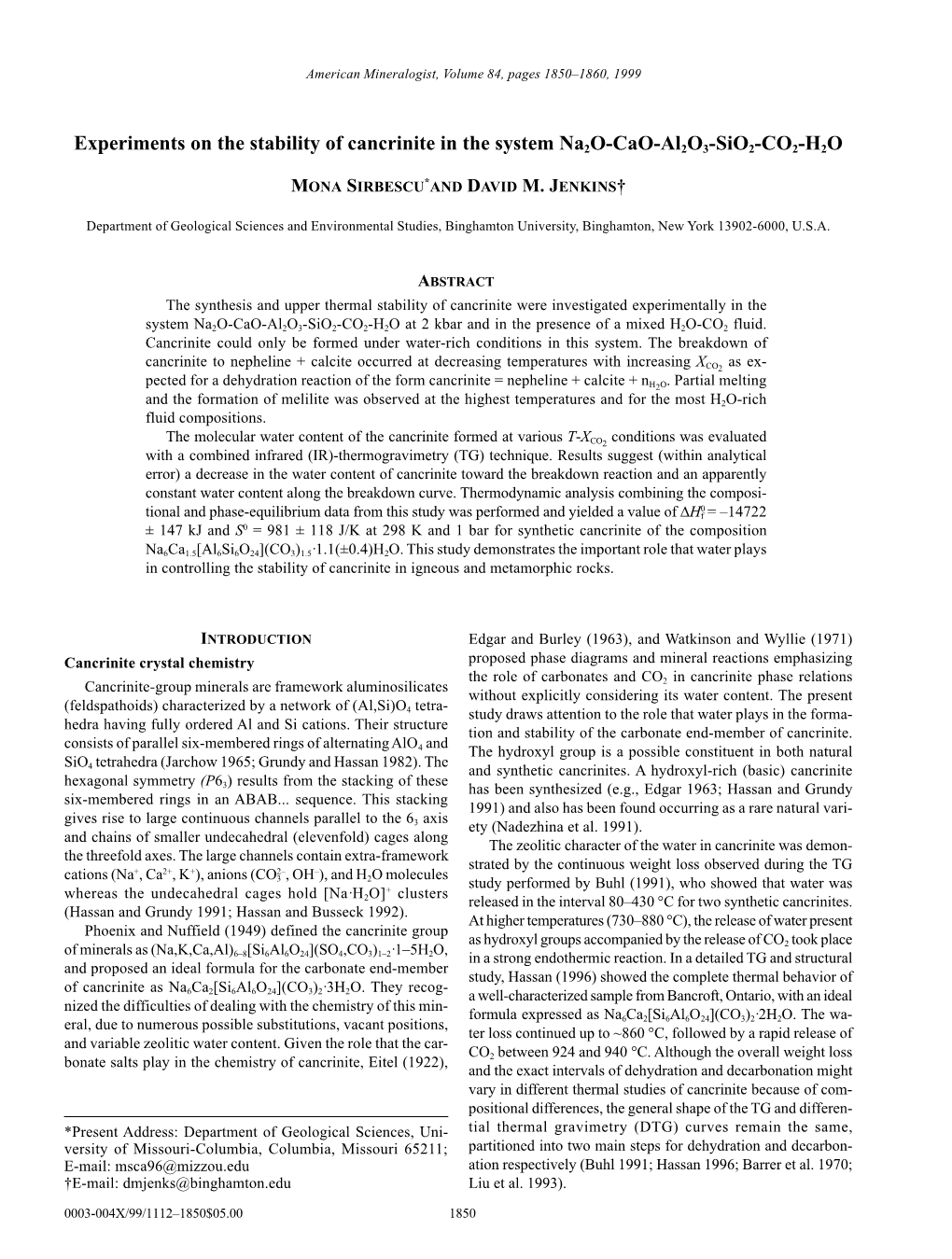 Experiments on the Stability of Cancrinite in the System Na2o-Cao-Al2o3-Sio2-CO2-H2O