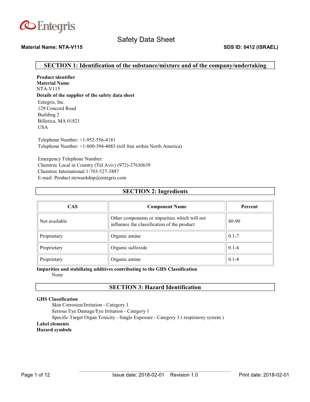 Safety Data Sheet Material Name: NTA-V115 SDS ID: 0412 (ISRAEL)