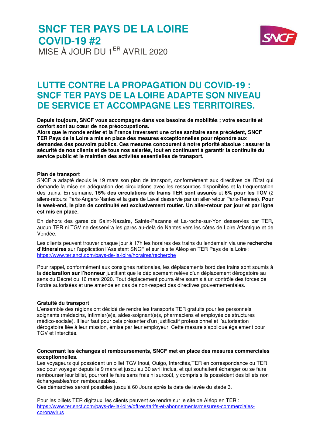 Sncf Ter Pays De La Loire Covid-19 #2 Mise À Jour Du 1Er Avril 2020