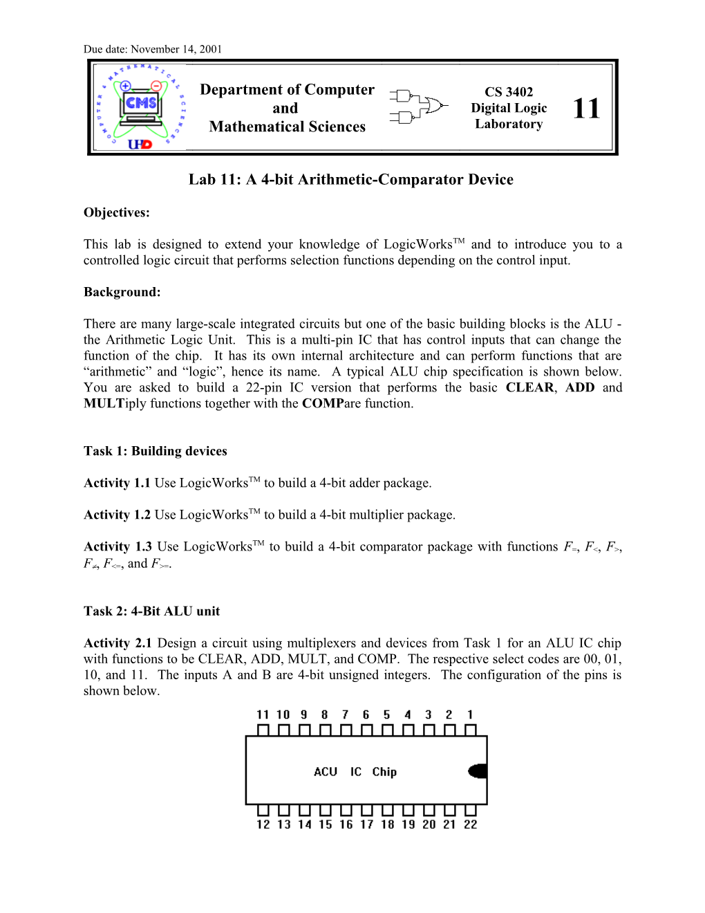 Lab 11: a 4-Bit Arithmetic-Comparator Device