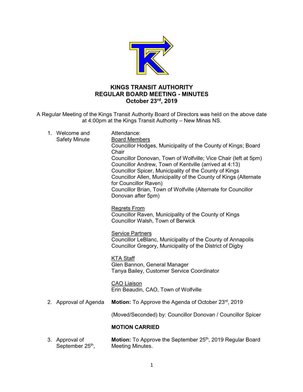 KINGS TRANSIT AUTHORITY REGULAR BOARD MEETING - MINUTES October 23Rd, 2019