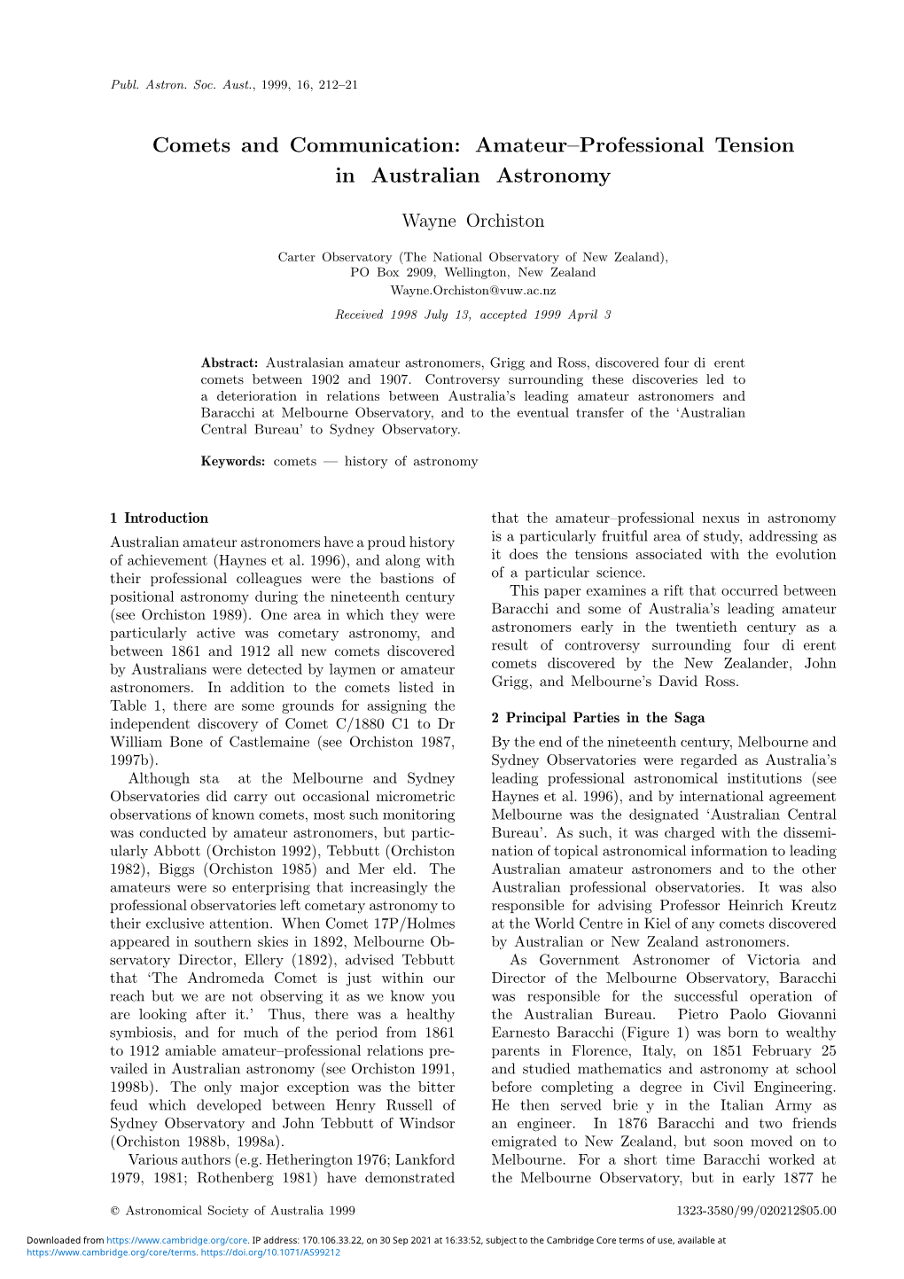 Comets and Communication: Amateur–Professional Tension in Australian Astronomy