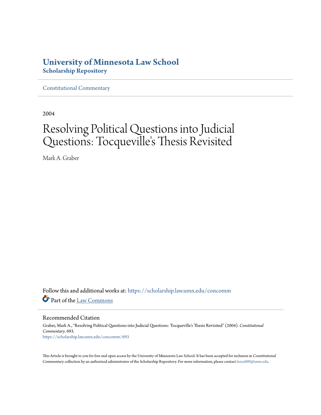 Resolving Political Questions Into Judicial Questions: Tocqueville's Thesis Revisited Mark A