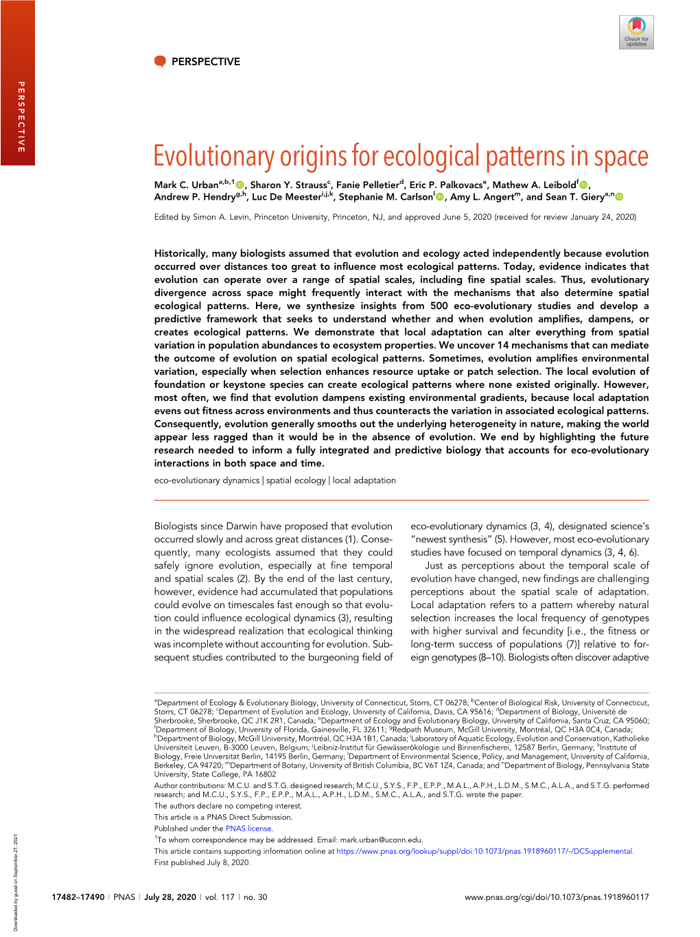 Evolutionary Origins for Ecological Patterns in Space Mark C