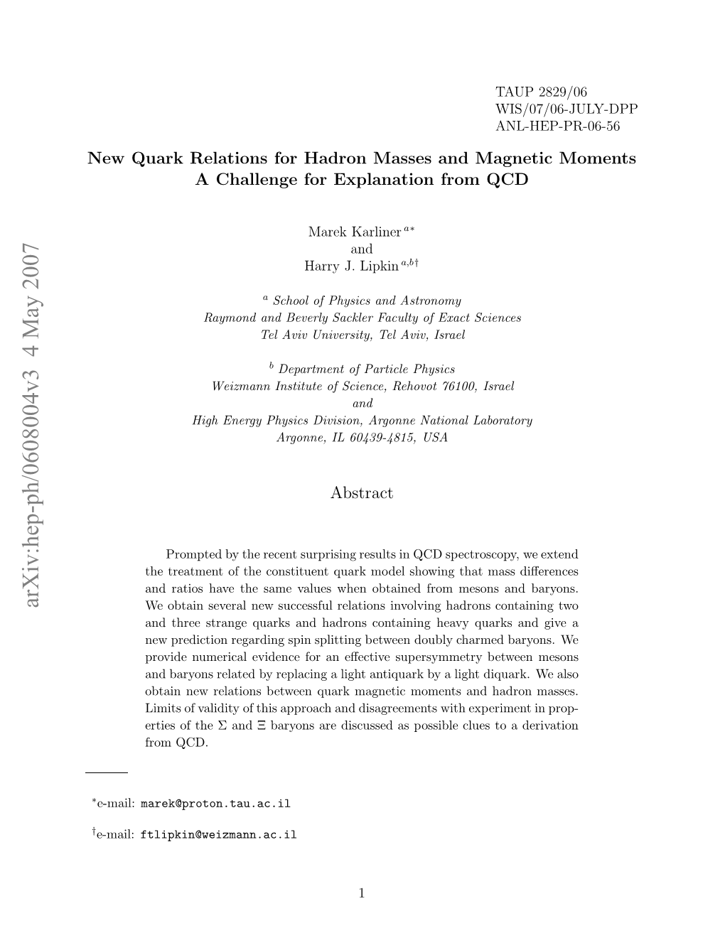 New Quark Relations for Hadron Masses and Magnetic Moments-A