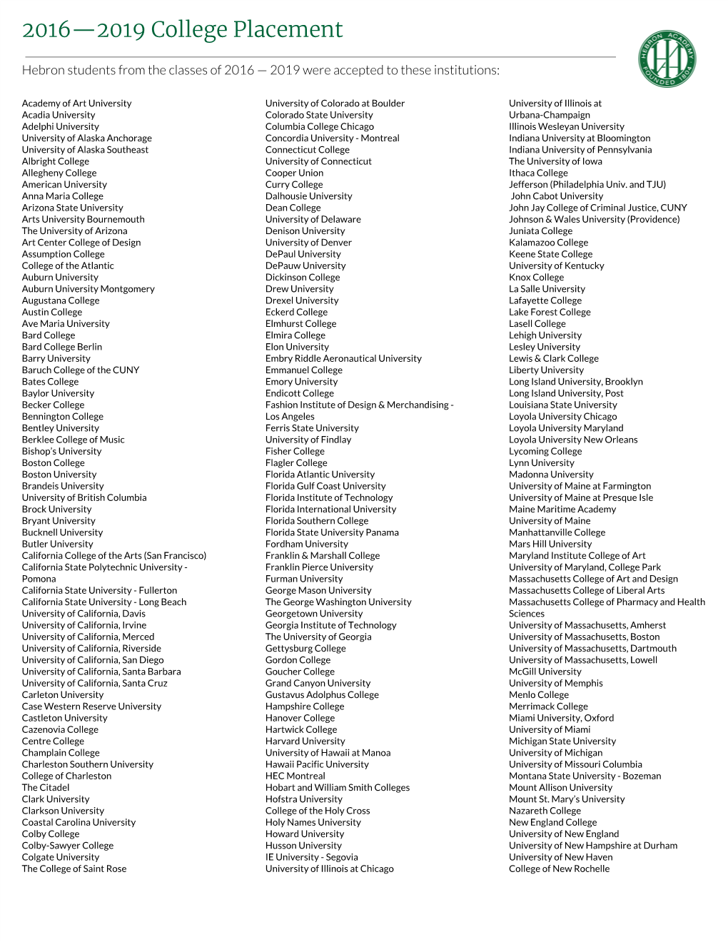 2016—2019 College Placement