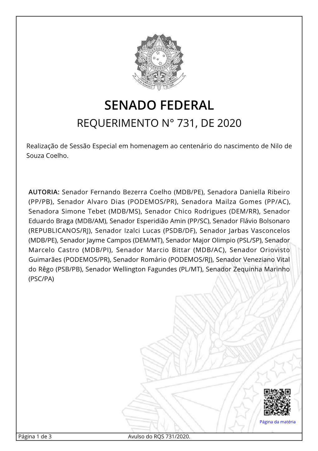 Requerimento N° 731, De 2020