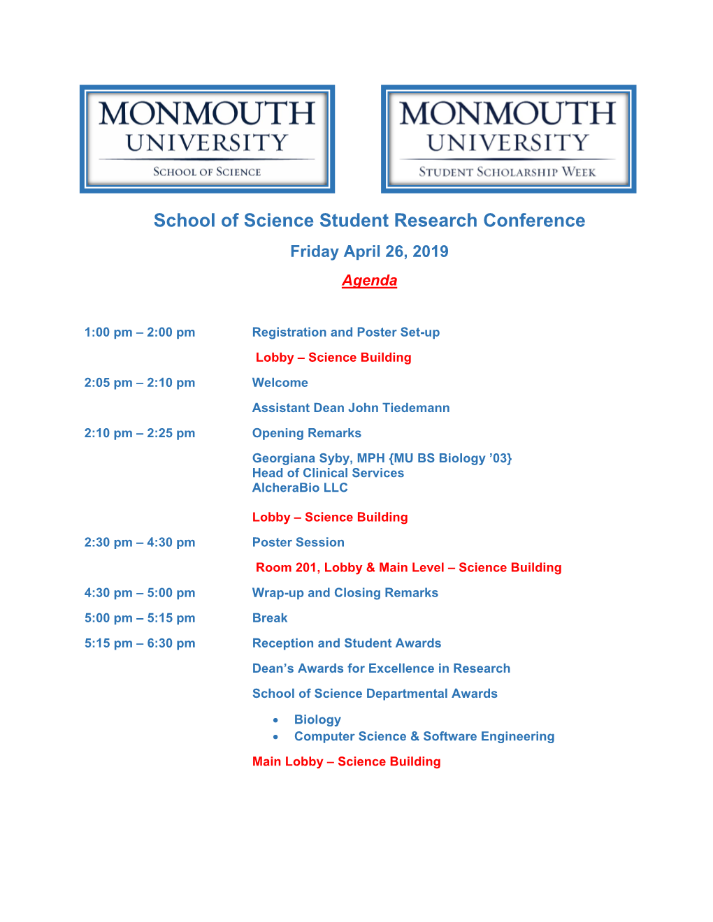 School of Science Student Research Conference Friday April 26, 2019 Agenda