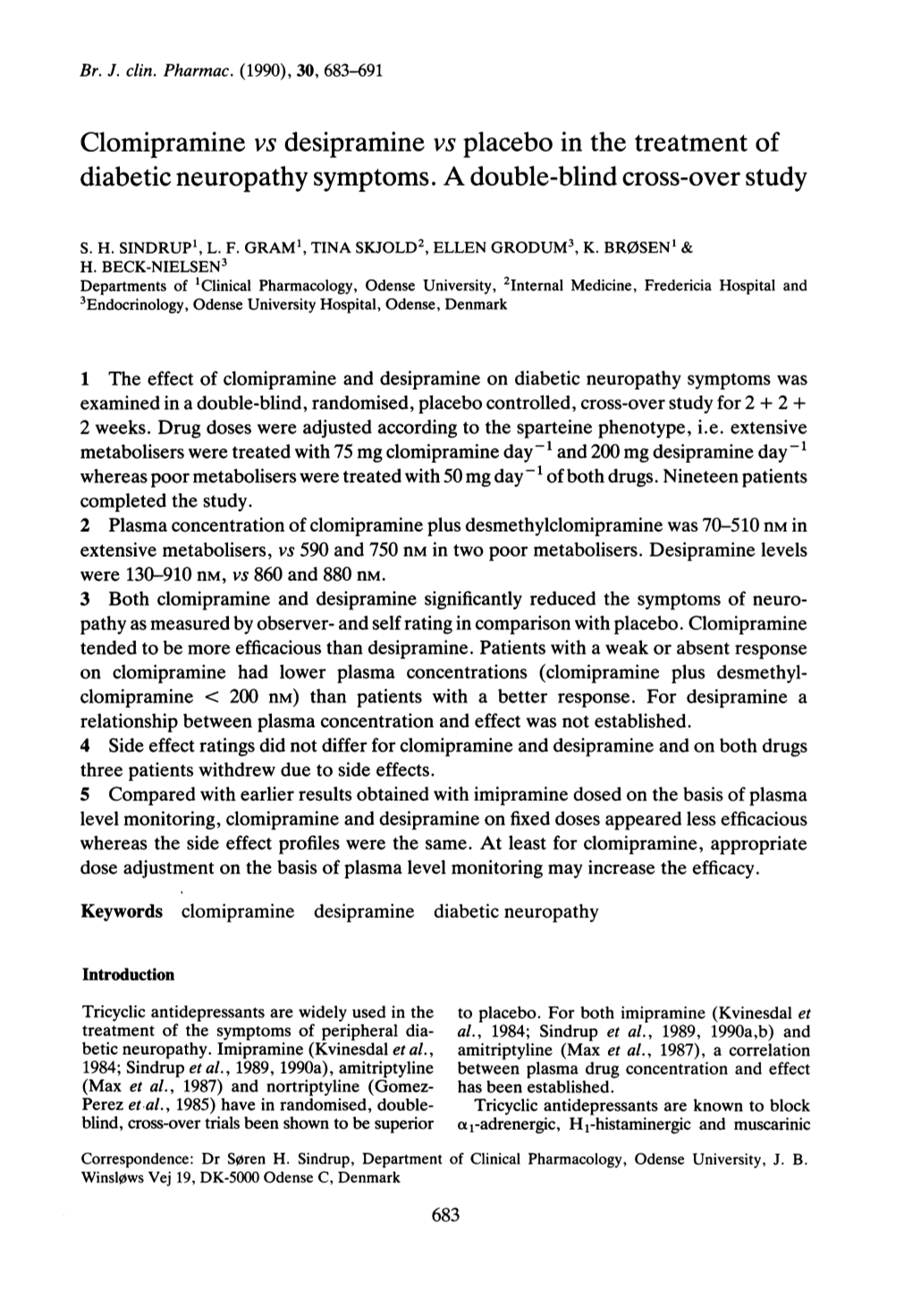 Clomipramine Vs Desipramine Vs Placebo in the Treatment of Diabetic Neuropathy Symptoms