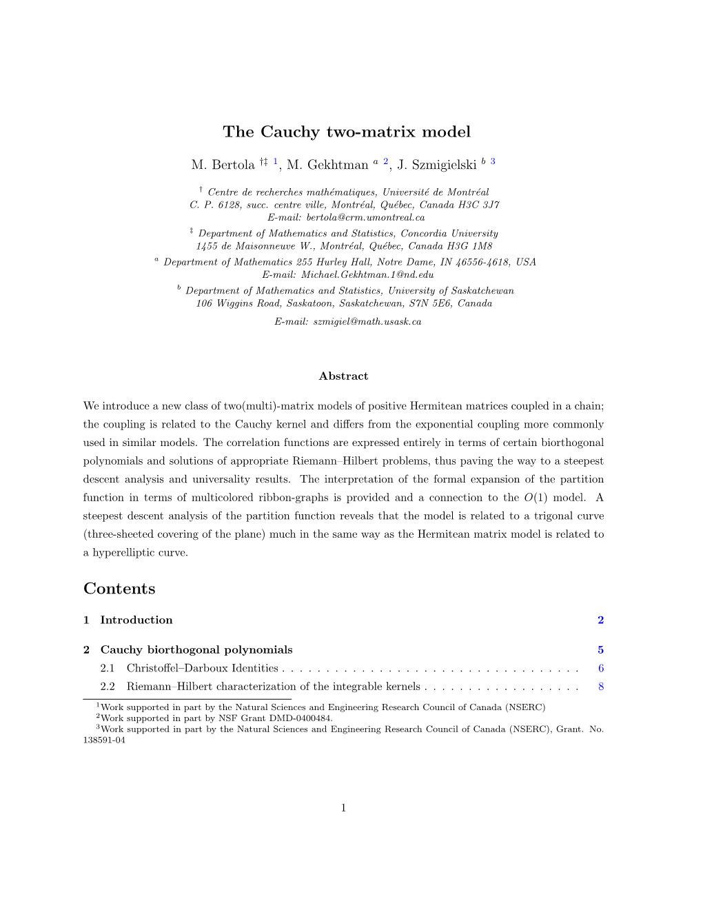 The Cauchy Two-Matrix Model Contents