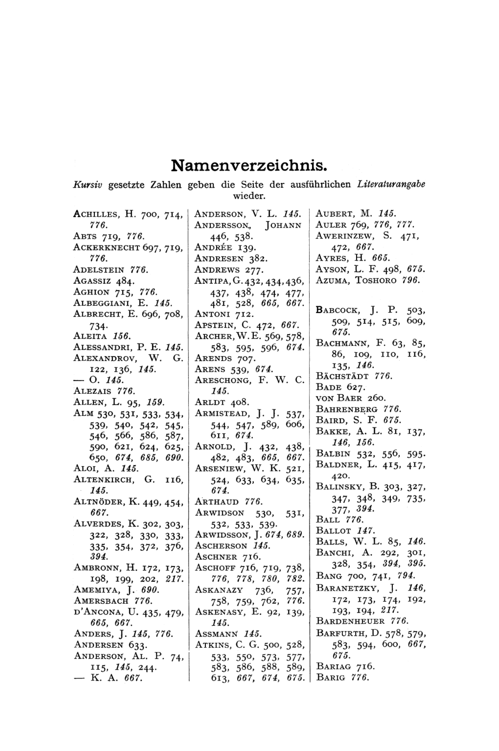 Namenverzeichnis. Kursiv Gesetzte Zahlen Geben Die Seite Der Ausfiihrlichen Literaturangabe Wieder