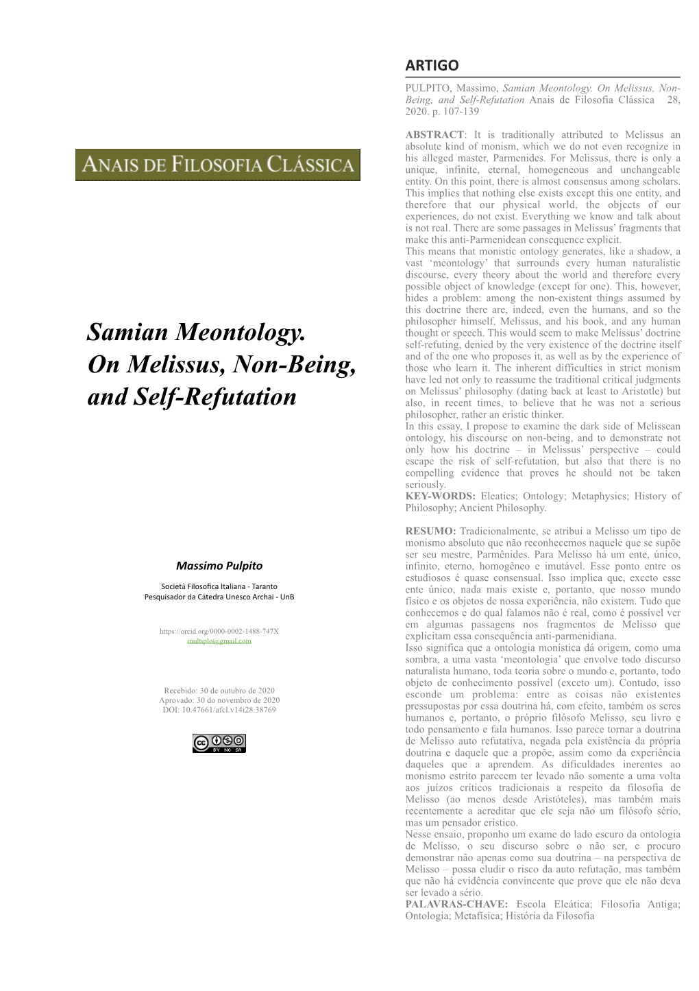 Samian Meontology. on Melissus, Non-Being, And