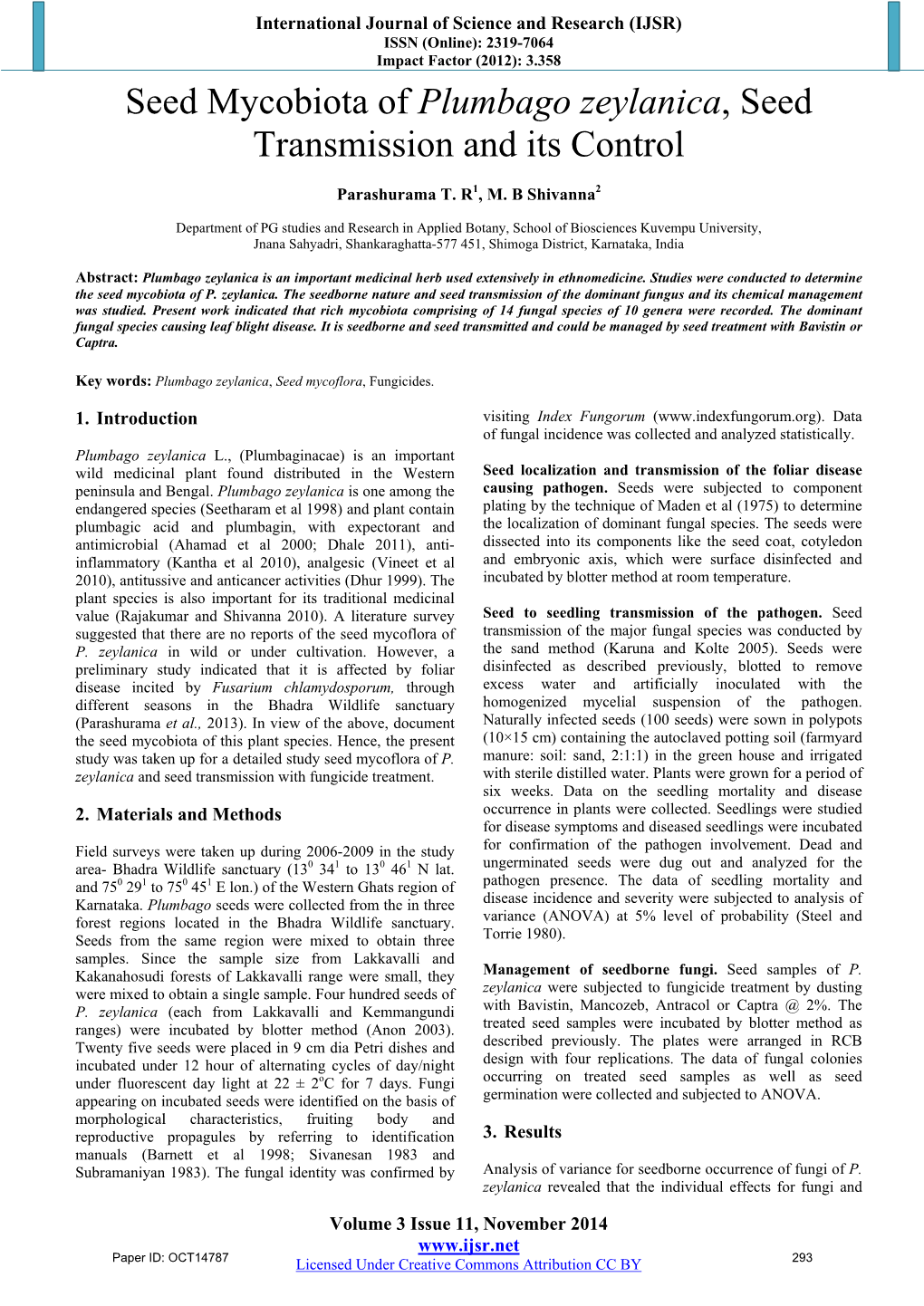 Plumbago Zeylanica, Seed Transmission and Its Control