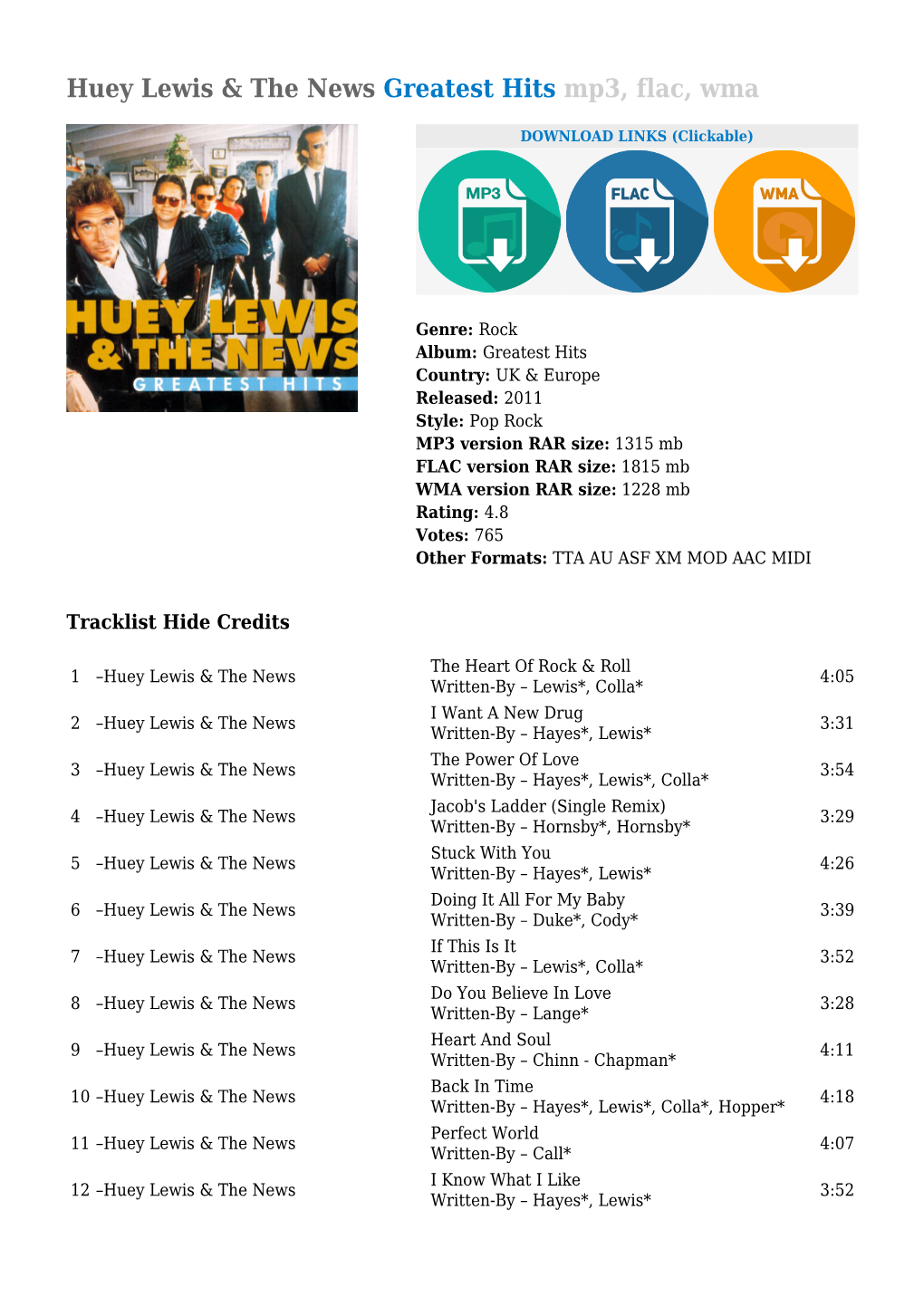 Huey Lewis & the News Greatest Hits Mp3, Flac